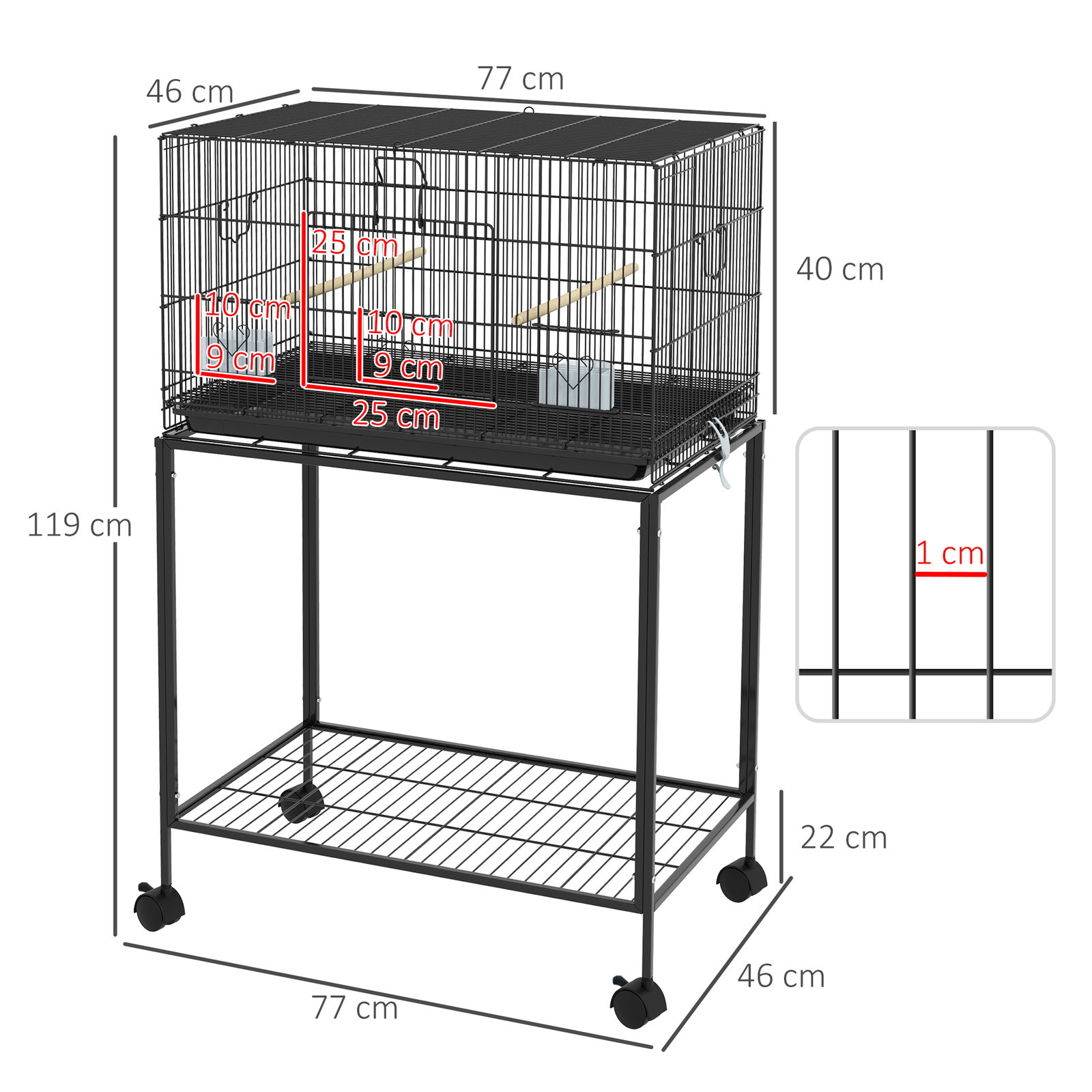 Gaiola para pássaros com rodas 77x46x119 cm bandeja amovível 2 poleiros 2 comedouros e prateleira de armazenamento preto