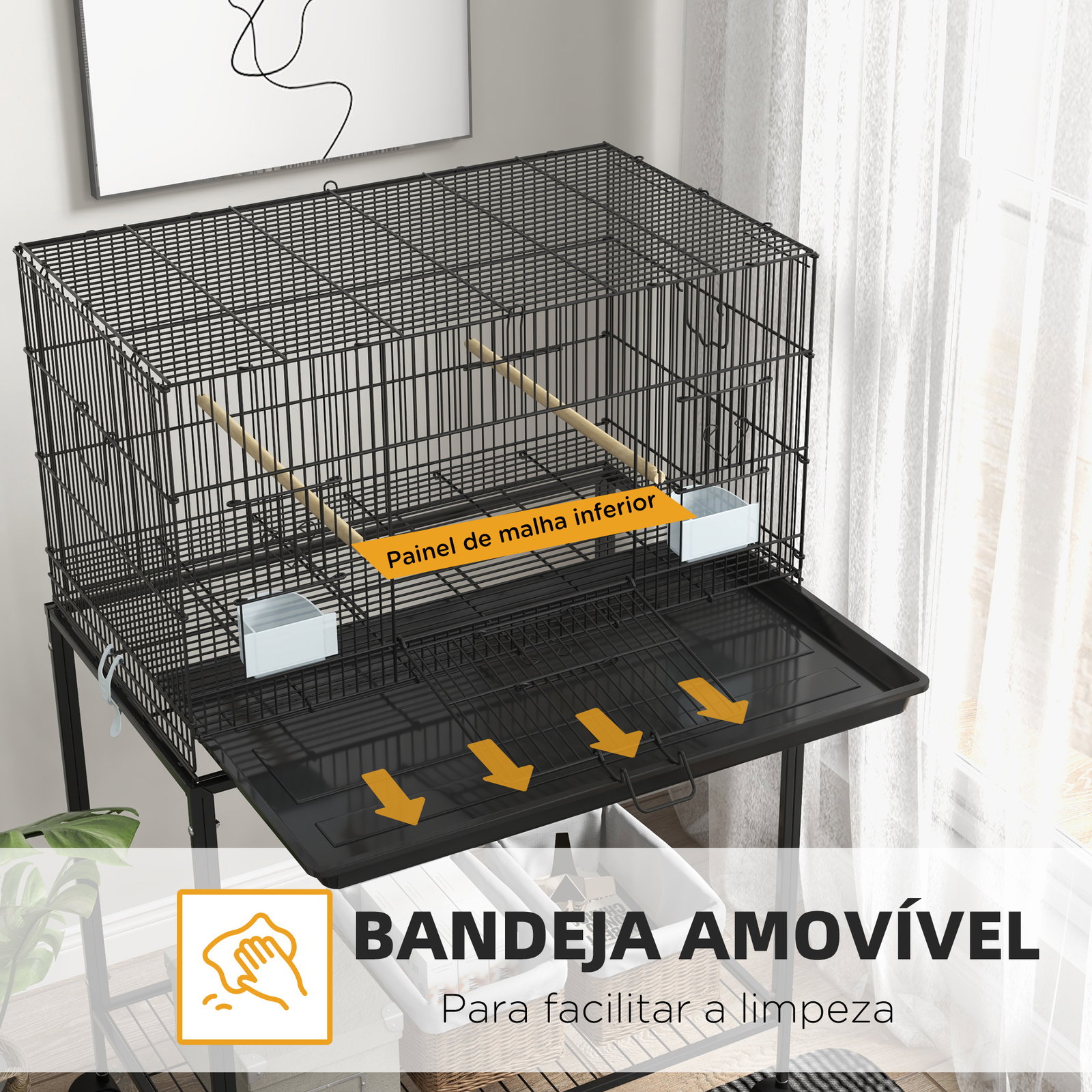 Gaiola para pássaros com rodas 77x46x119 cm bandeja amovível 2 poleiros 2 comedouros e prateleira de armazenamento preto