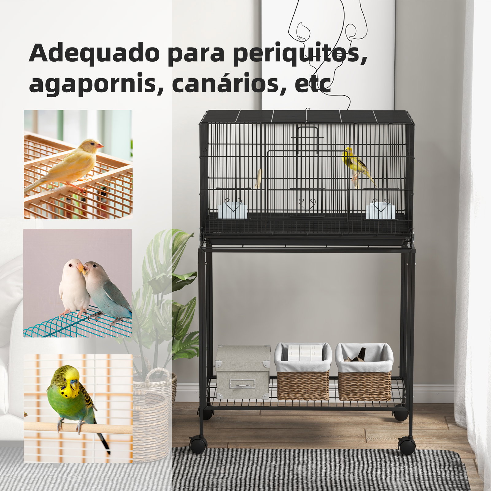 Gaiola para pássaros com rodas 77x46x119 cm bandeja amovível 2 poleiros 2 comedouros e prateleira de armazenamento preto