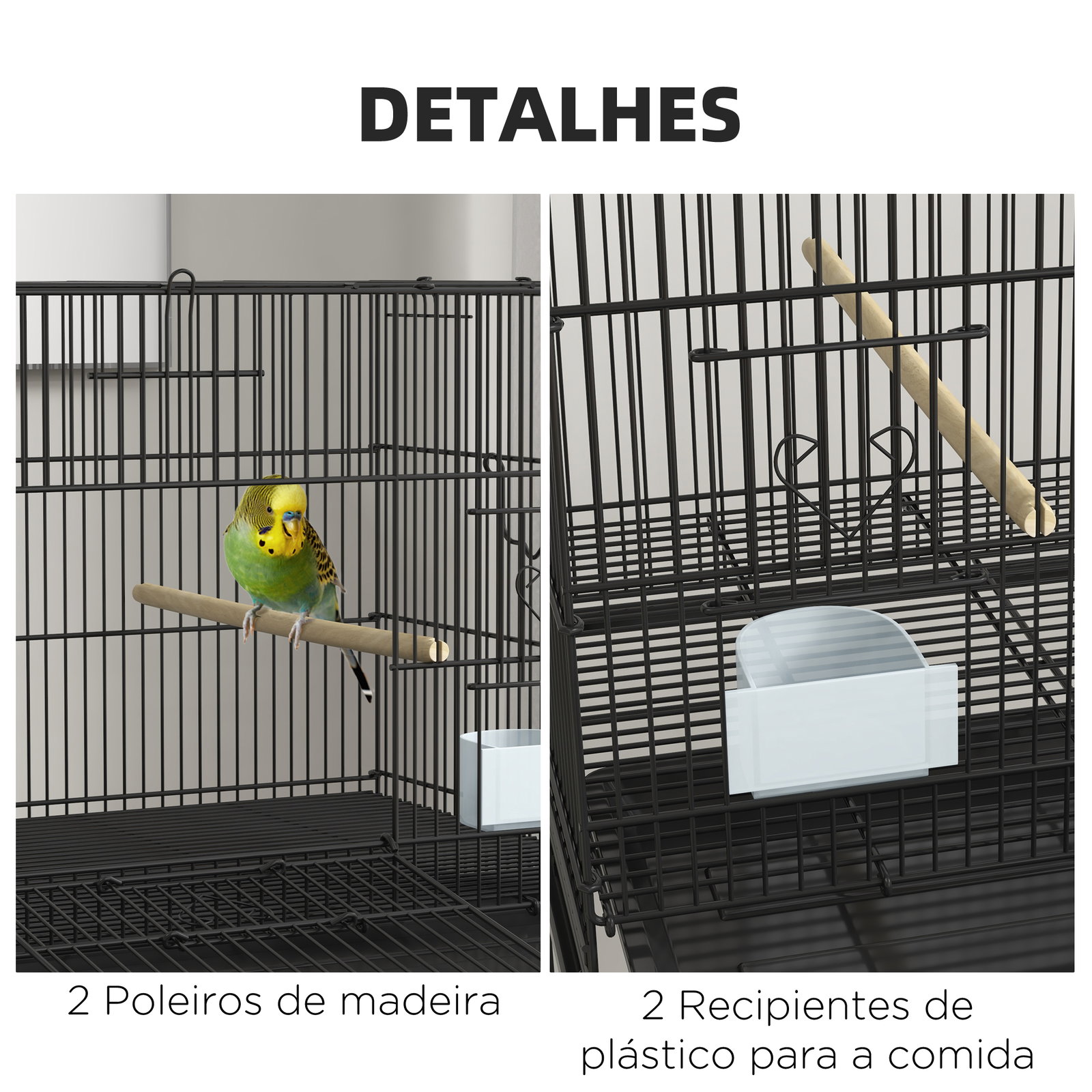 Gaiola para pássaros com rodas 77x46x119 cm bandeja amovível 2 poleiros 2 comedouros e prateleira de armazenamento preto