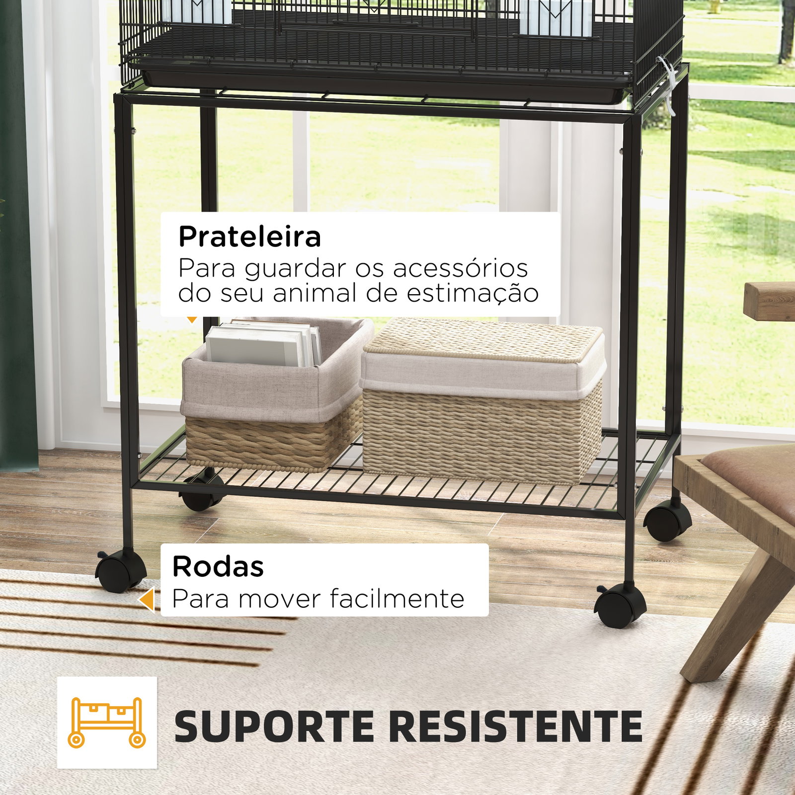 Gaiola para pássaros com rodas 77x46x119 cm bandeja amovível 2 poleiros 2 comedouros e prateleira de armazenamento preto