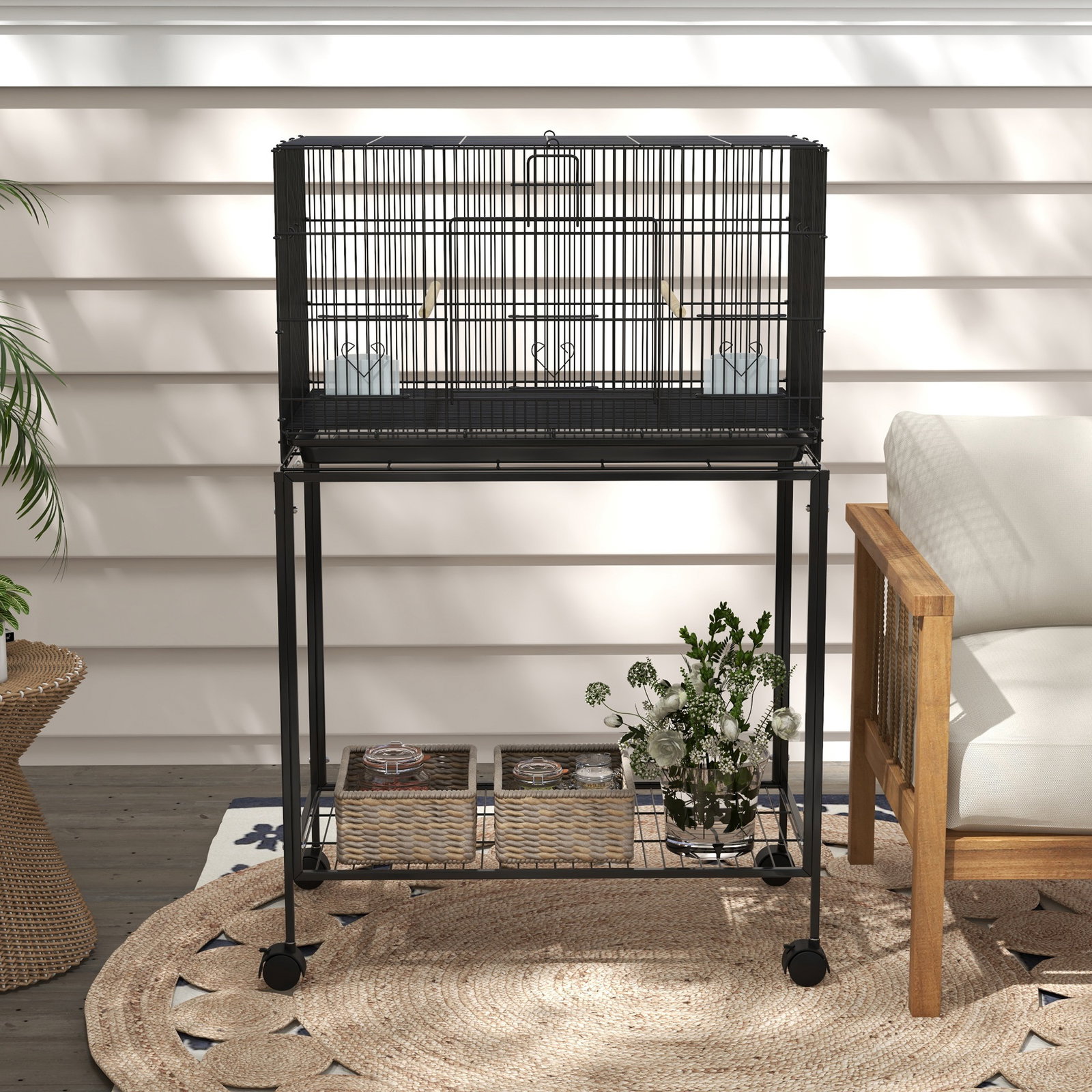 Gaiola para pássaros com rodas 77x46x119 cm bandeja amovível 2 poleiros 2 comedouros e prateleira de armazenamento preto