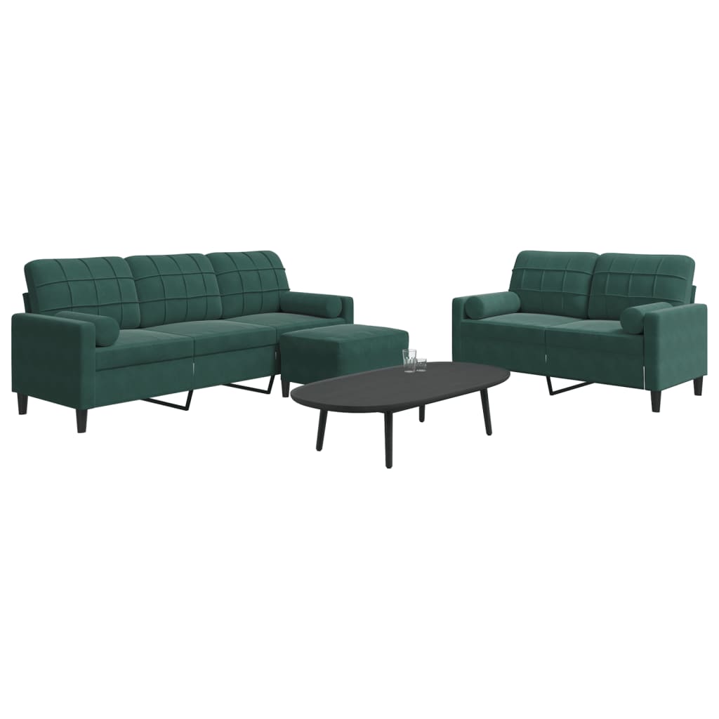 3 Pcs conjunto sofás com almofadões e rolos veludo verde-escuro