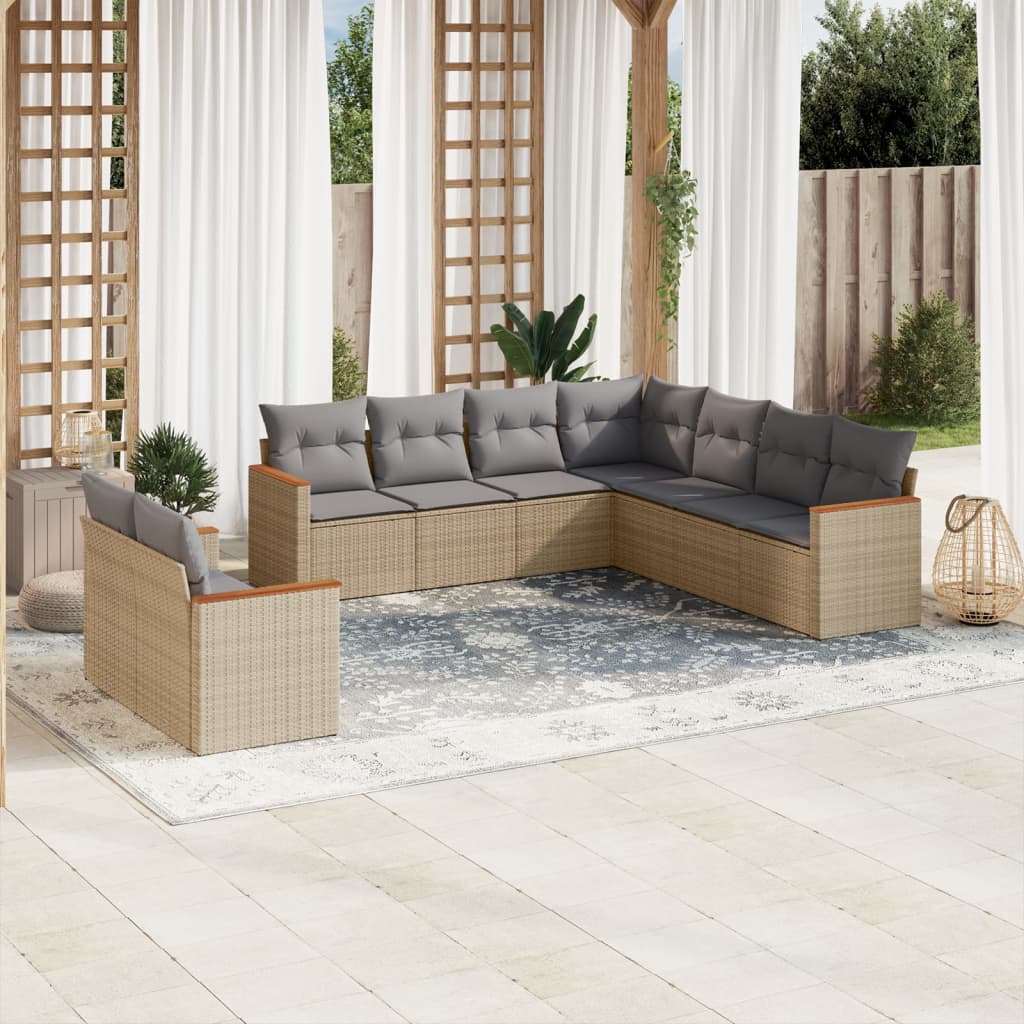9 Pcs conj. sofás jardim c/ almofadões vime PE bege misturado