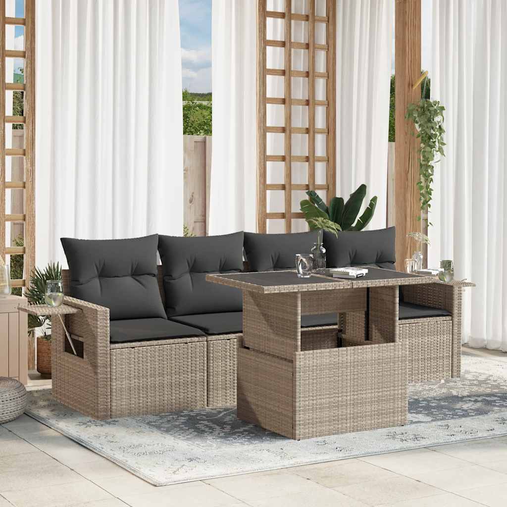 5 Pcs conj. sofás jardim c/ almofadões vime PE cinzento-claro