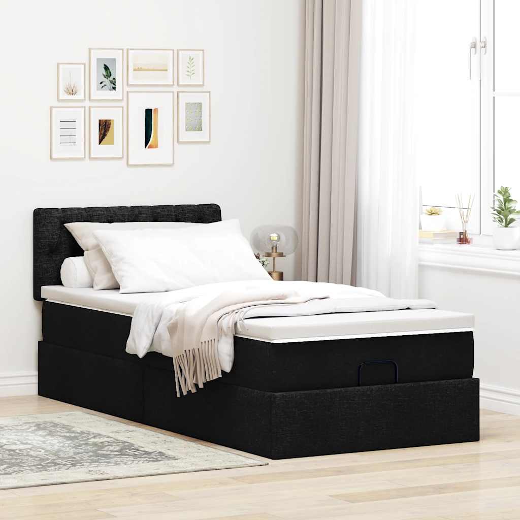 Cama otomana com colchão 100x200 cm tecido preto