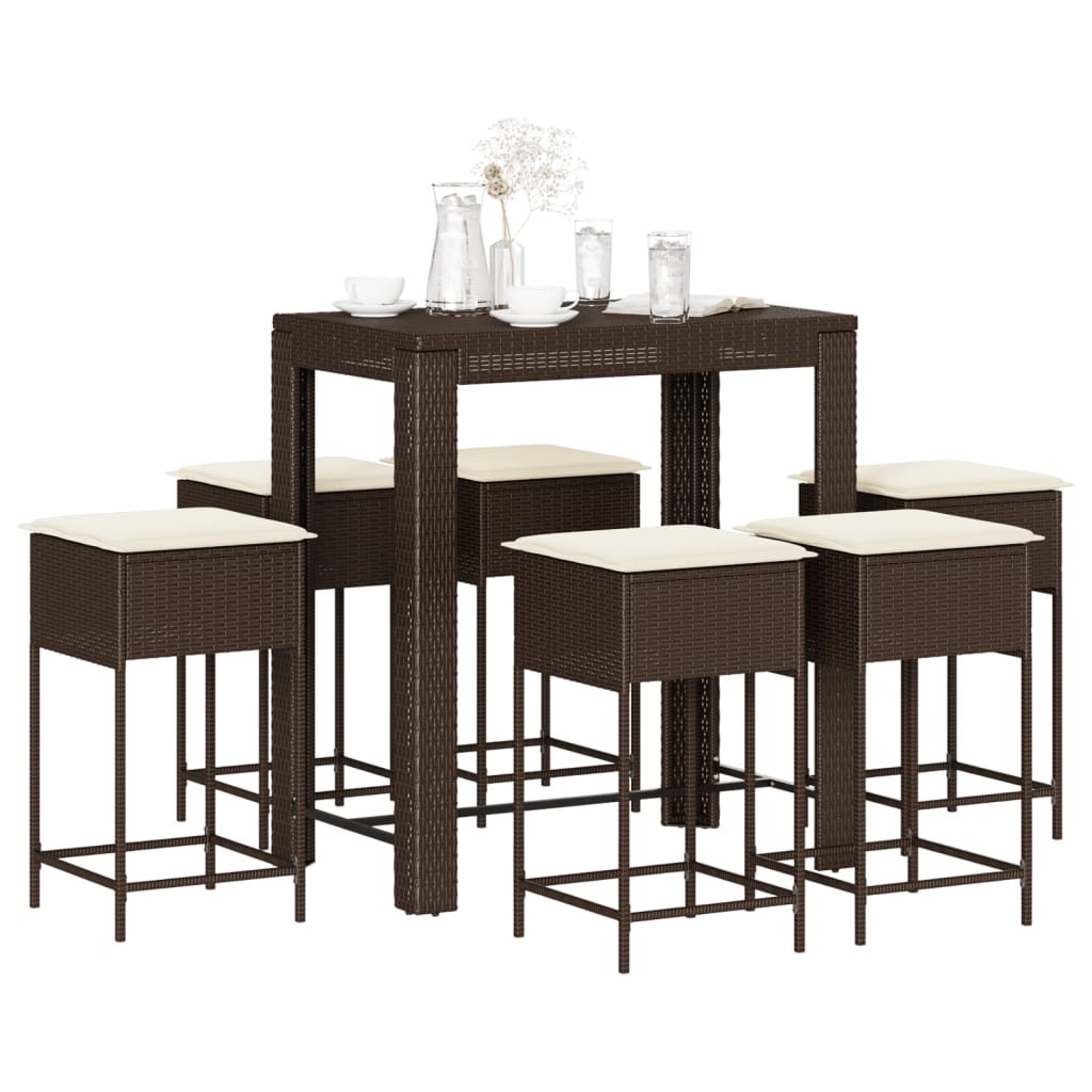 7 Pcs conjunto de bar p/ jardim c/ almofadões vime PE castanho