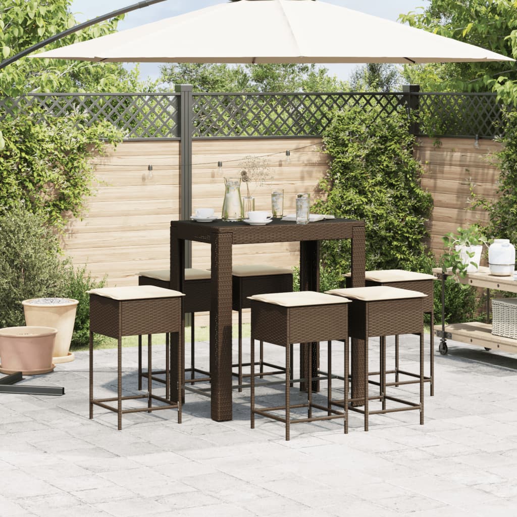 7 Pcs conjunto de bar p/ jardim c/ almofadões vime PE castanho