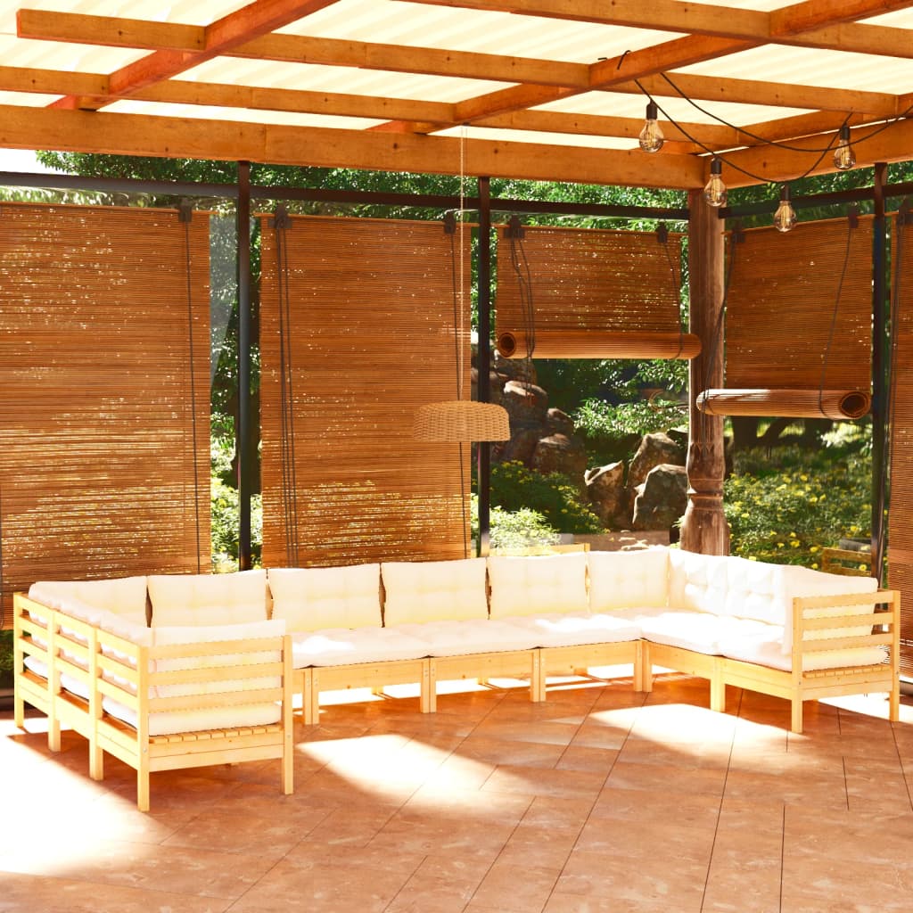 10 Pcs conjunto lounge de jardim c/ almofadões cor creme pinho