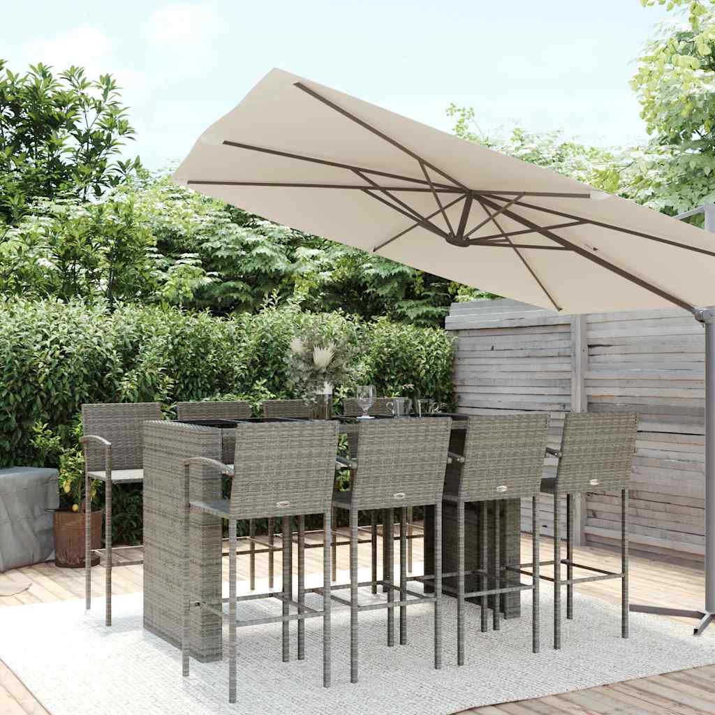 9 Pcs conjunto de bar para jardim vime PE cinzento