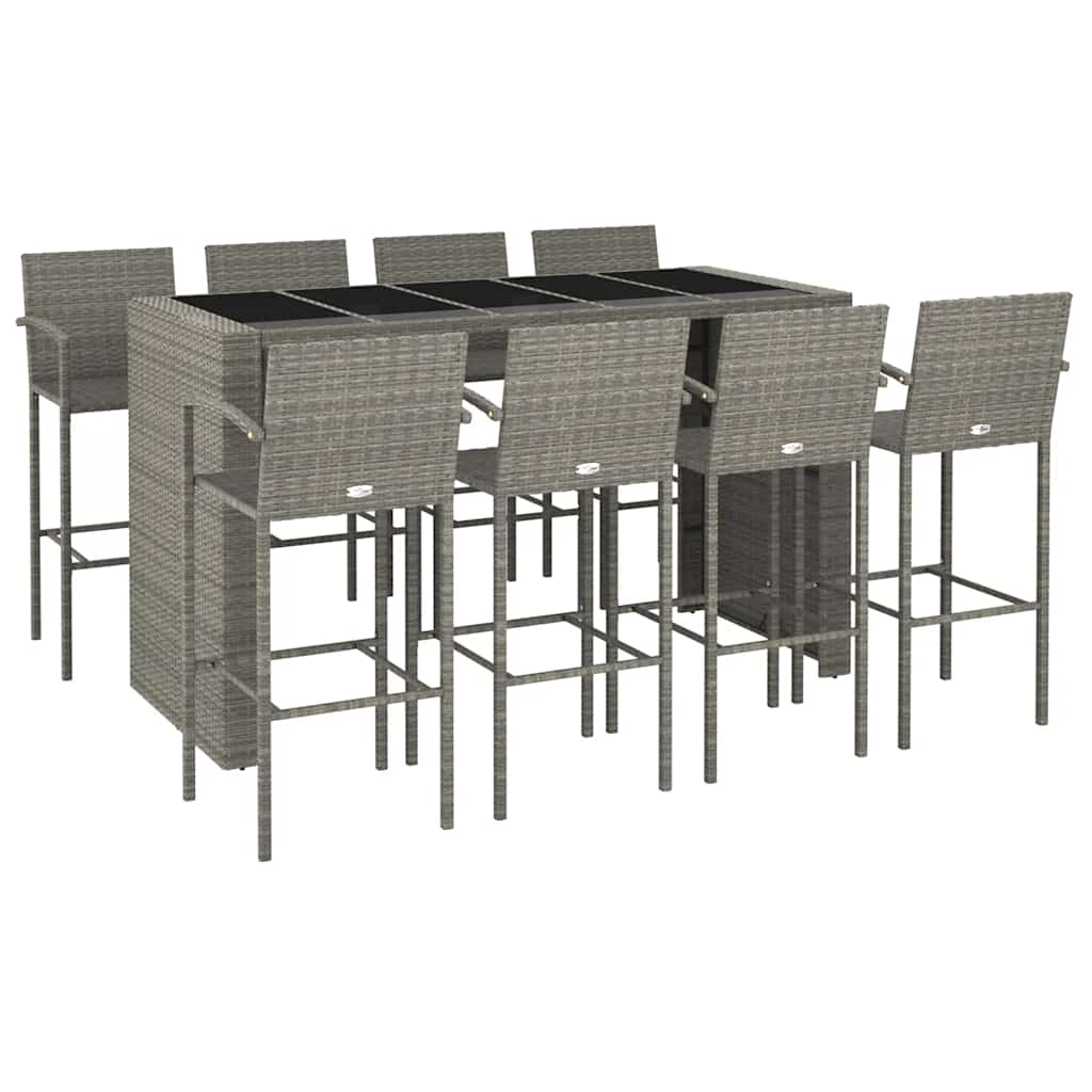 9 Pcs conjunto de bar para jardim vime PE cinzento