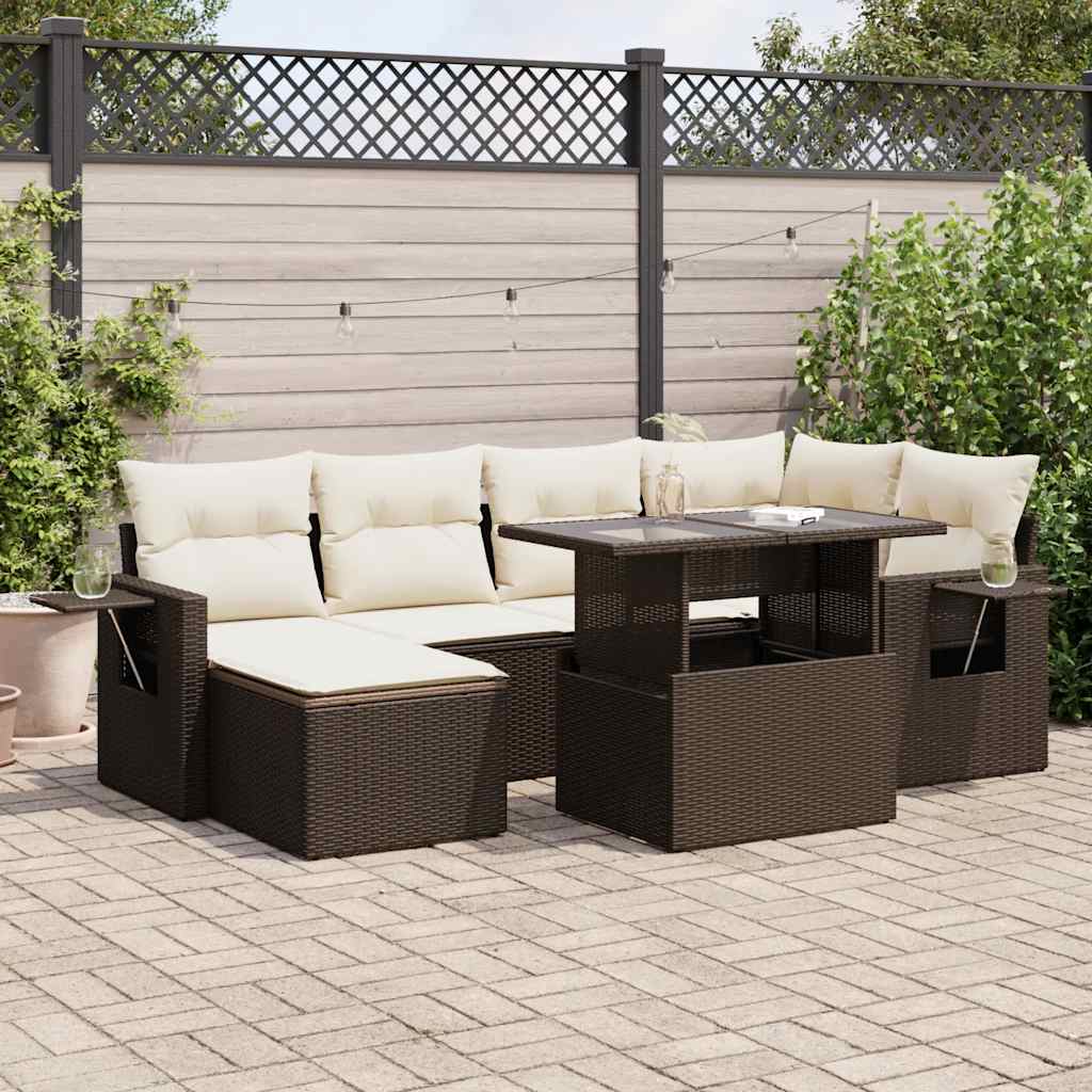 7 Pcs conjunto de sofás jardim c/ almofadões vime PE castanho