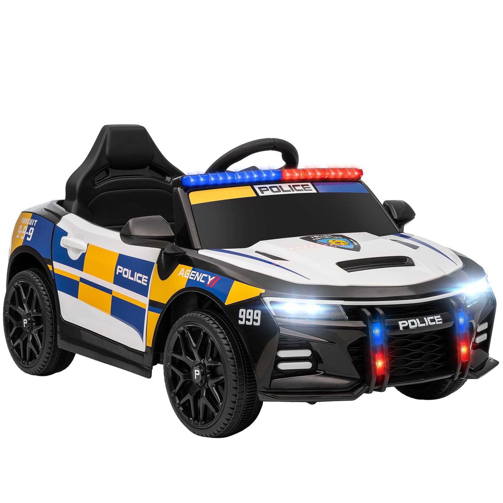 Carro elétrico infantil modelo policial 12v com comando a distância 2,4 luzes sirene música USB e suspensão 96x60x45 cm multicor