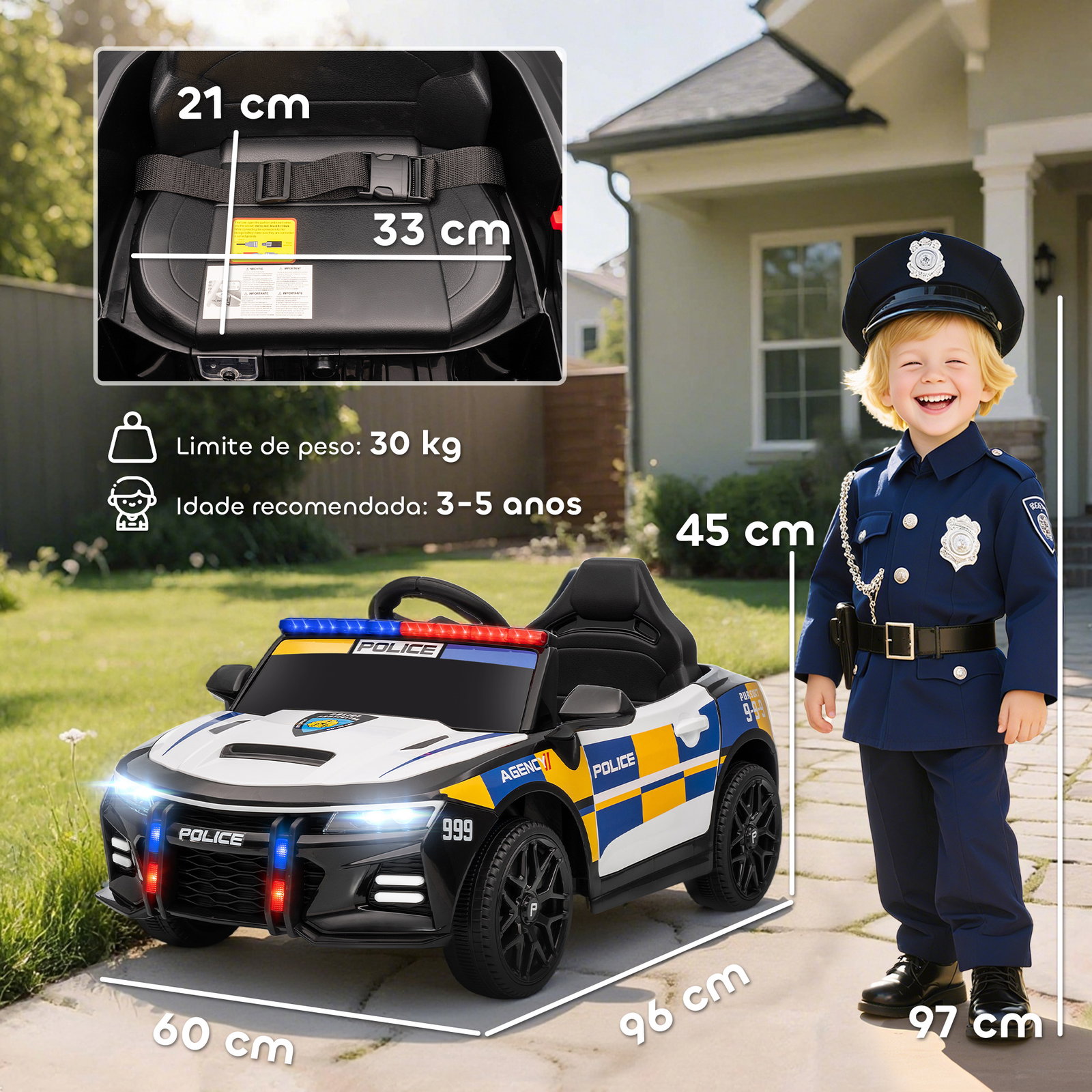 Carro elétrico infantil modelo policial 12v com comando a distância 2,4 luzes sirene música USB e suspensão 96x60x45 cm multicor