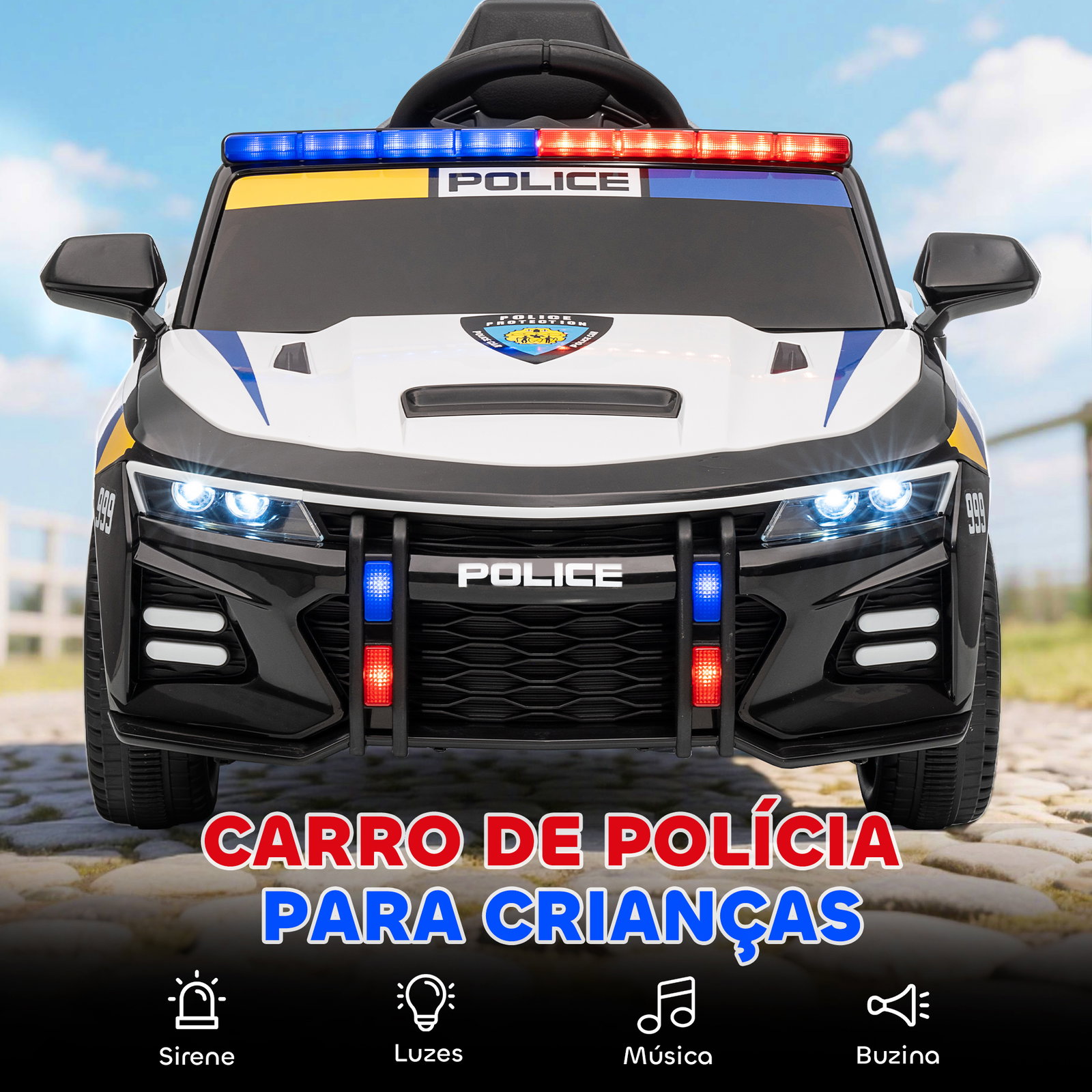 Carro elétrico infantil modelo policial 12v com comando a distância 2,4 luzes sirene música USB e suspensão 96x60x45 cm multicor