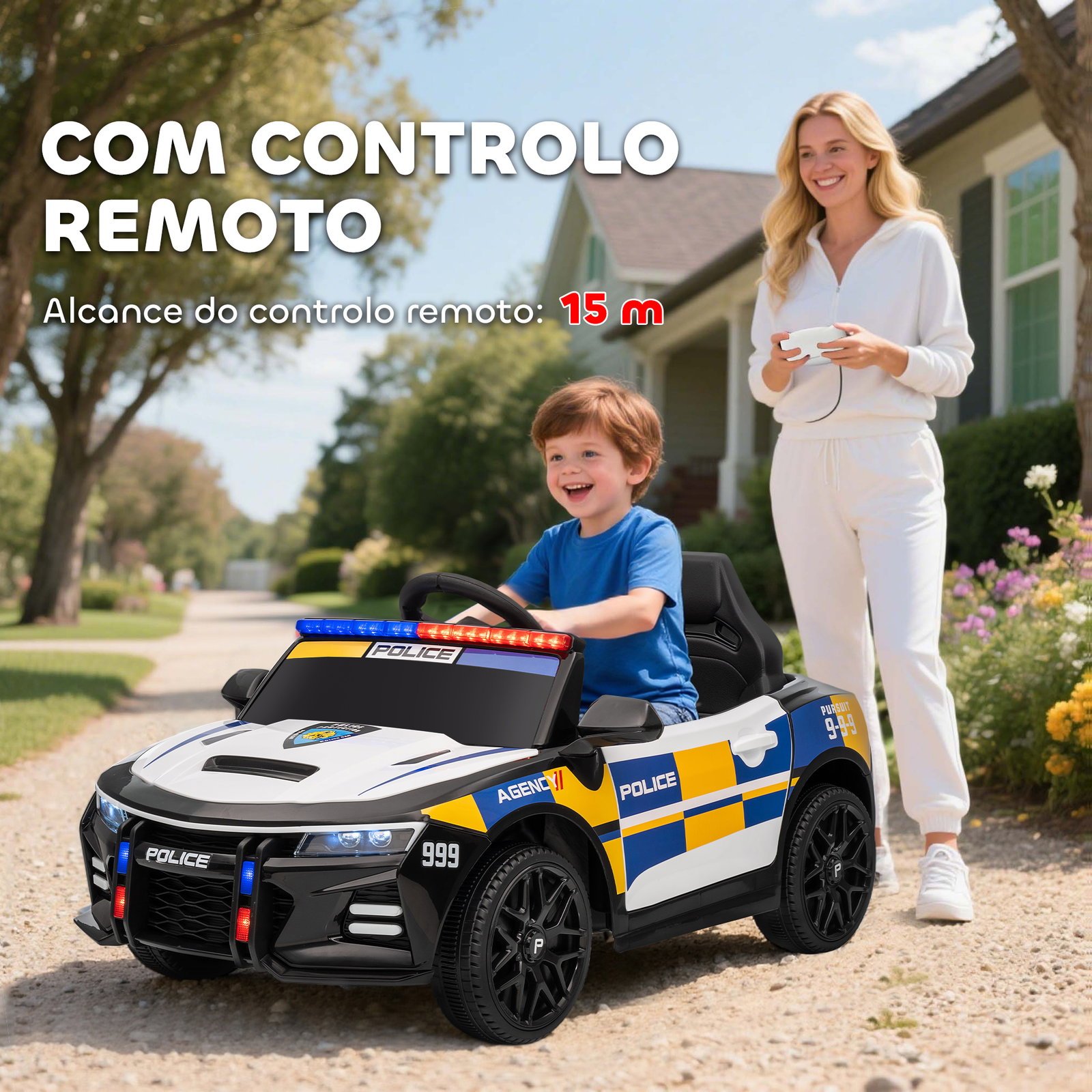 Carro elétrico infantil modelo policial 12v com comando a distância 2,4 luzes sirene música USB e suspensão 96x60x45 cm multicor