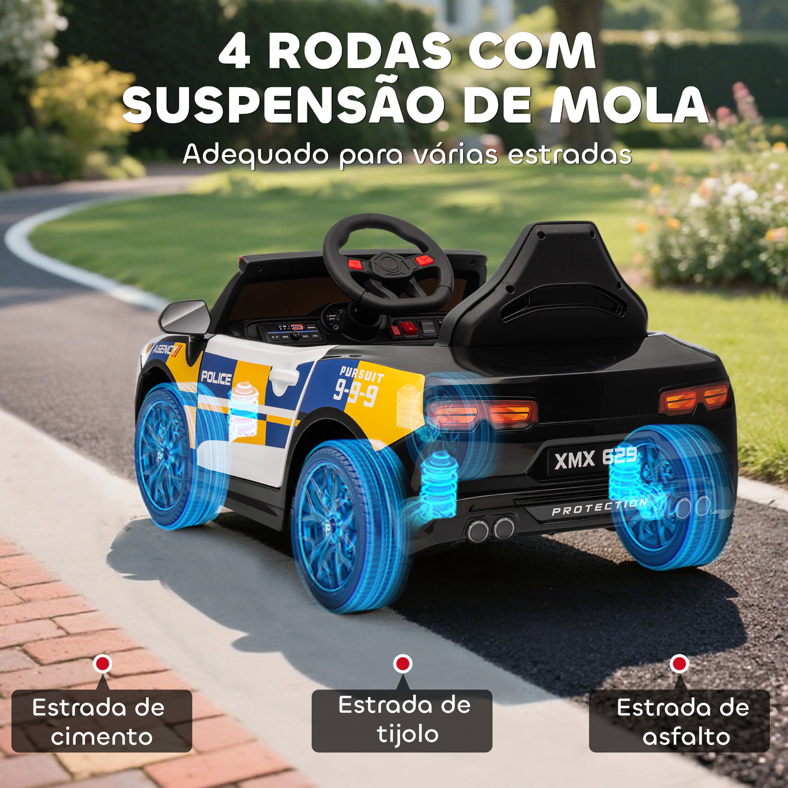Carro elétrico infantil modelo policial 12v com comando a distância 2,4 luzes sirene música USB e suspensão 96x60x45 cm multicor
