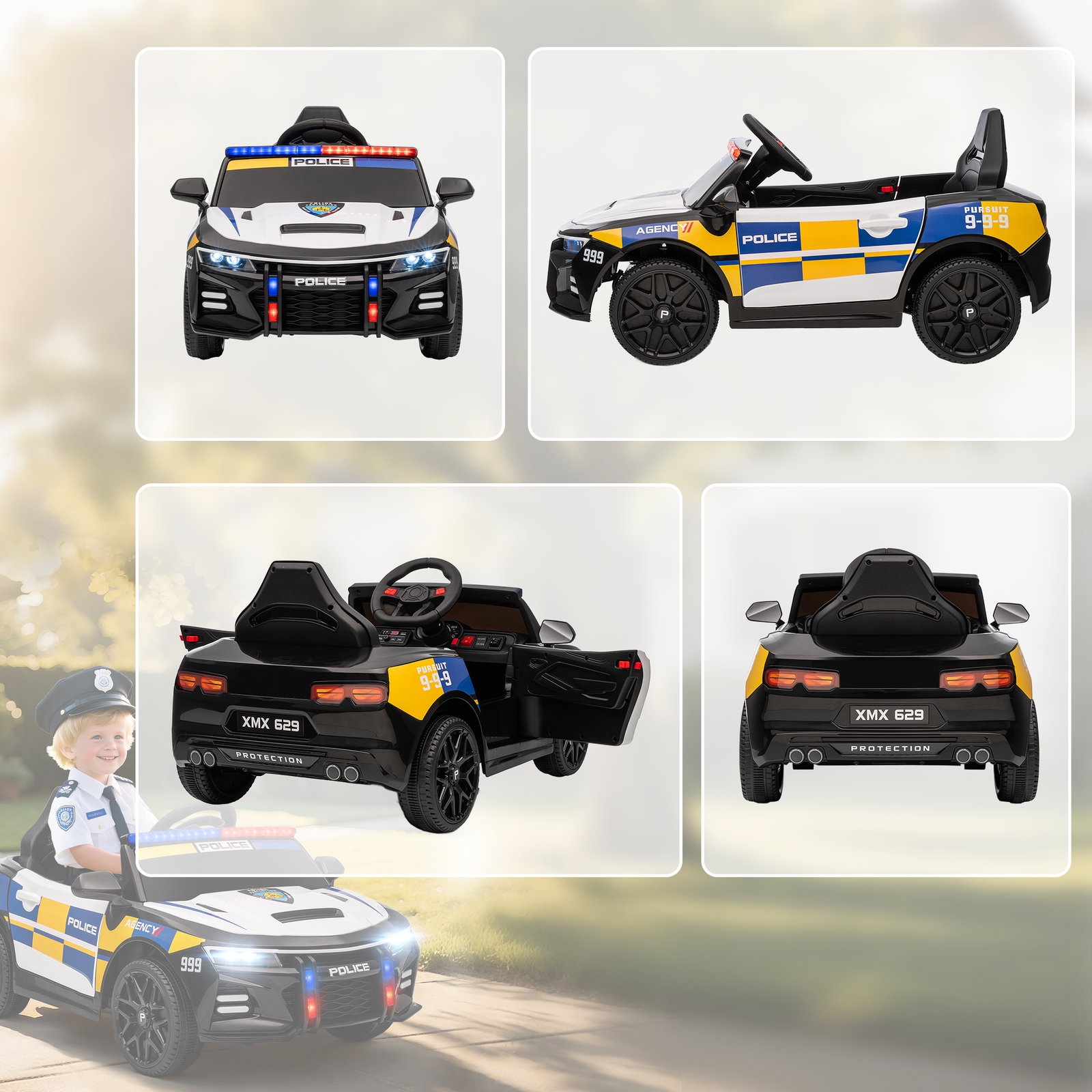 Carro elétrico infantil modelo policial 12v com comando a distância 2,4 luzes sirene música USB e suspensão 96x60x45 cm multicor