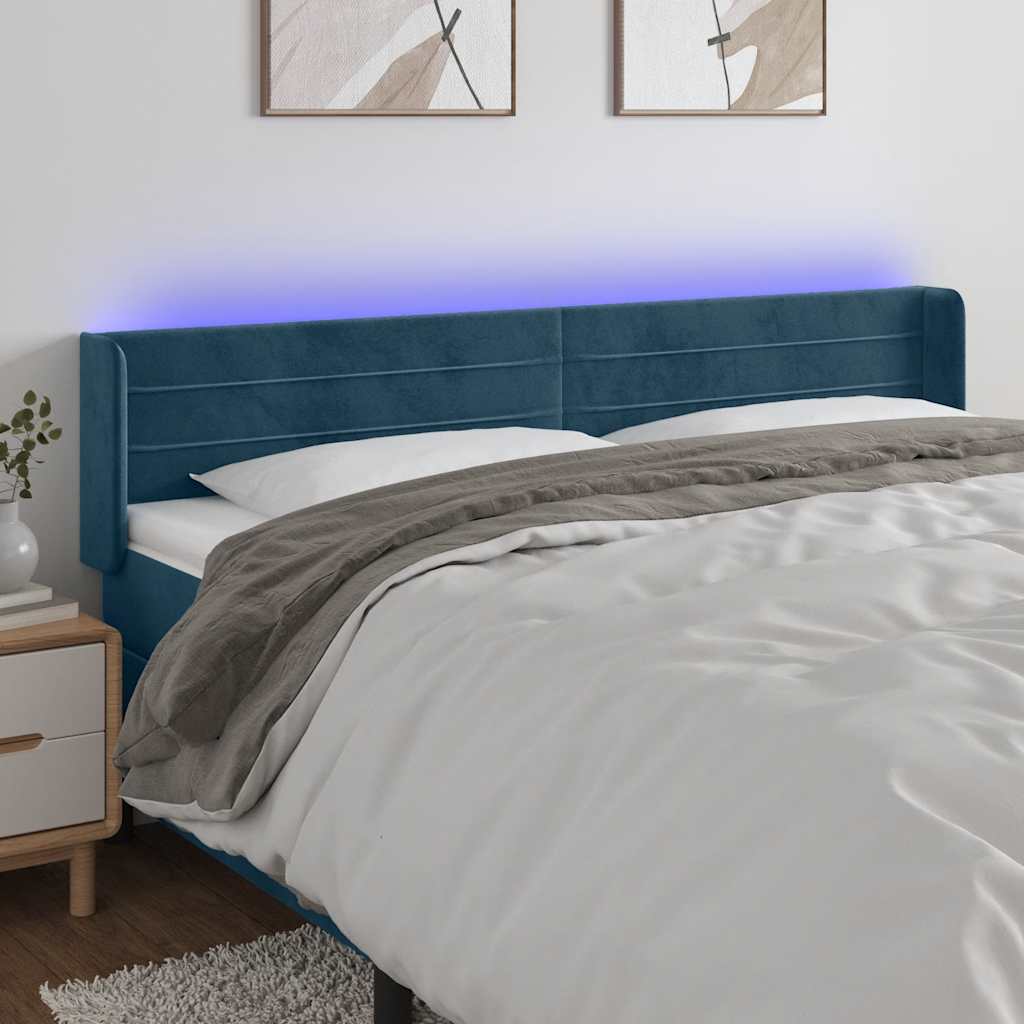 Cabeceira cama c/ luzes LED veludo 183x16x78/88 cm azul-escuro