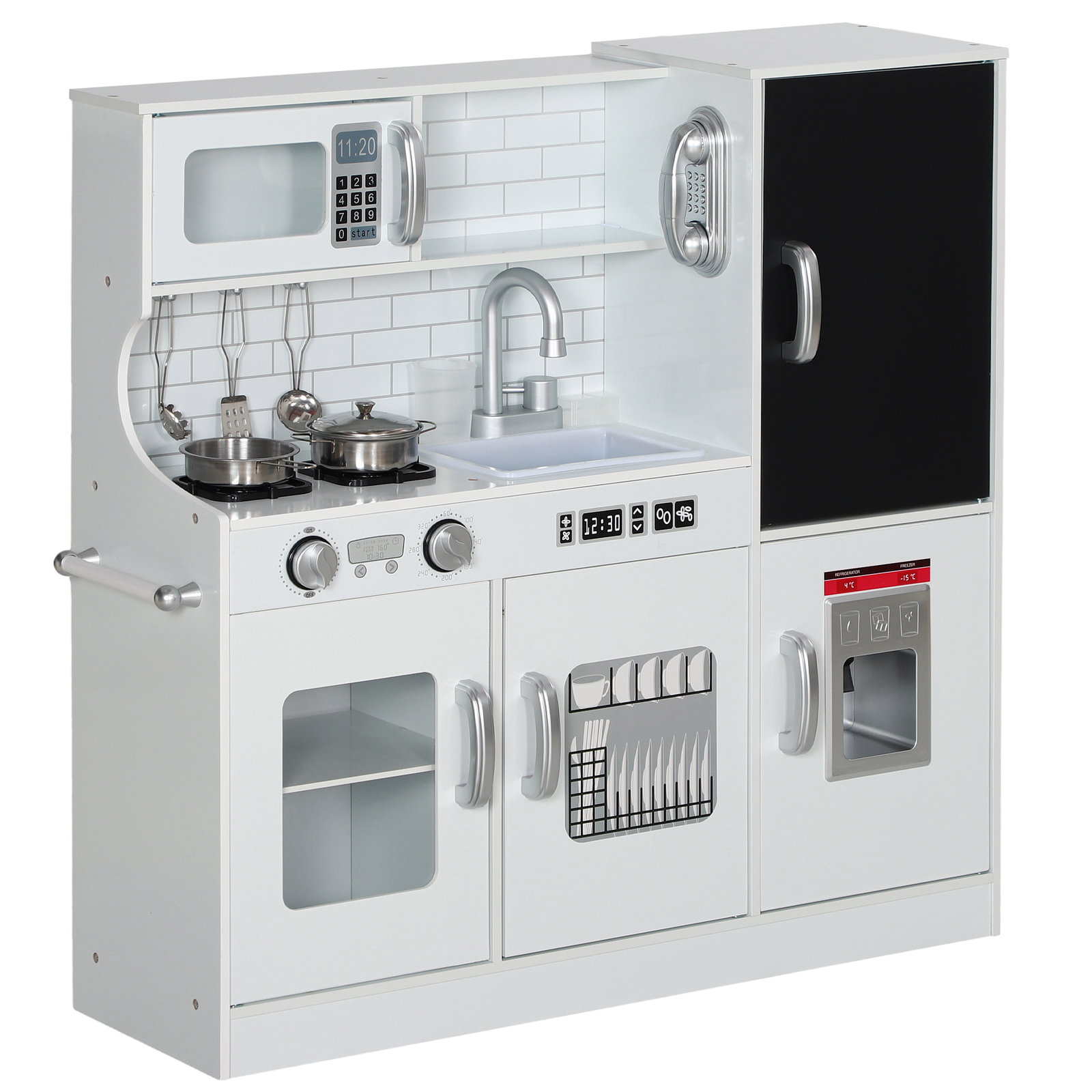 Cozinha de brincar para crianças cozinha infantil de madeira com acessórios máquina de gelo e ardósia 83,8x26,8x81 cm branco