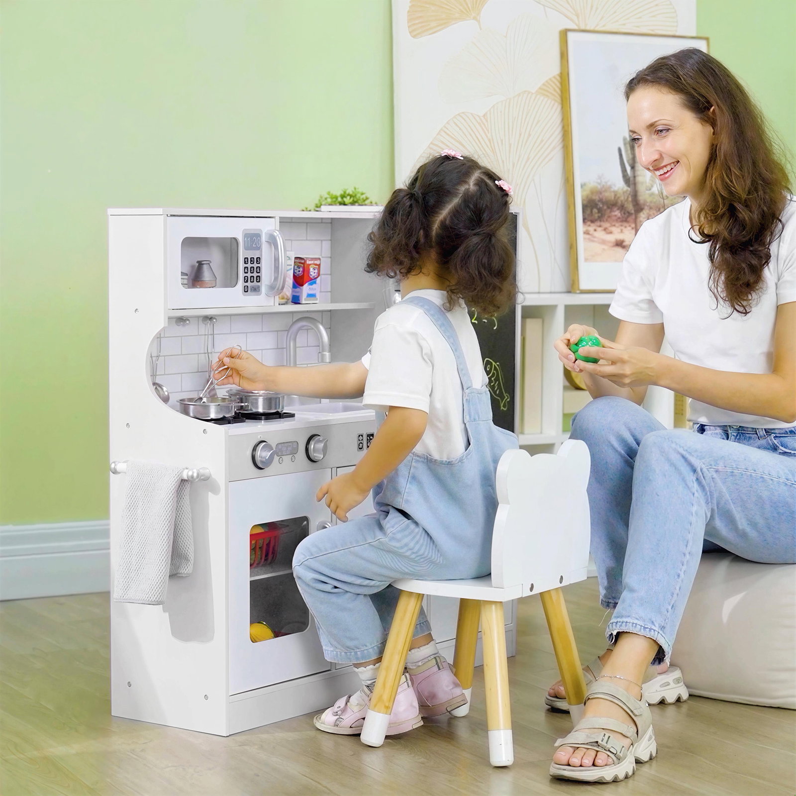 Cozinha de brincar para crianças cozinha infantil de madeira com acessórios máquina de gelo e ardósia 83,8x26,8x81 cm branco