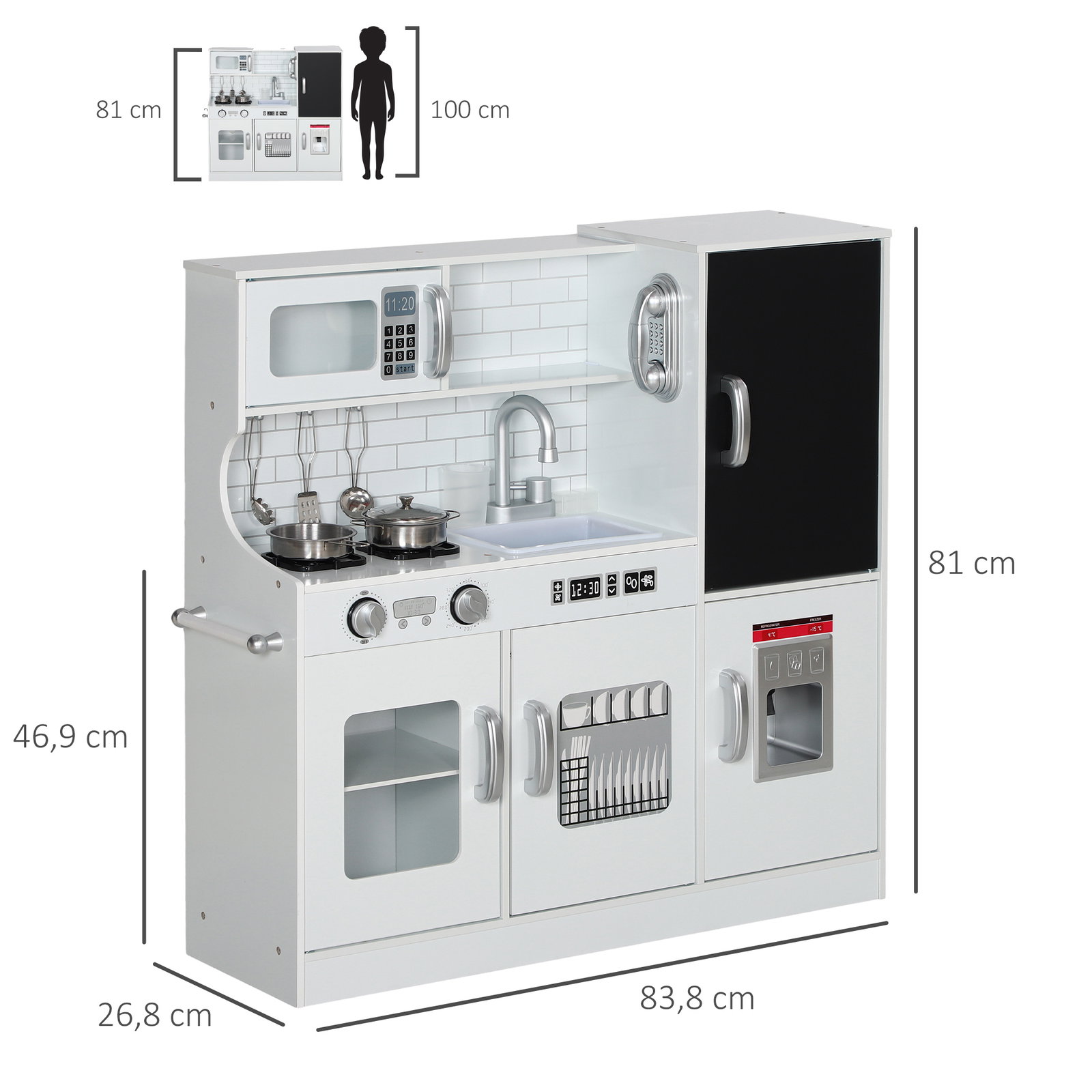 Cozinha de brincar para crianças cozinha infantil de madeira com acessórios máquina de gelo e ardósia 83,8x26,8x81 cm branco
