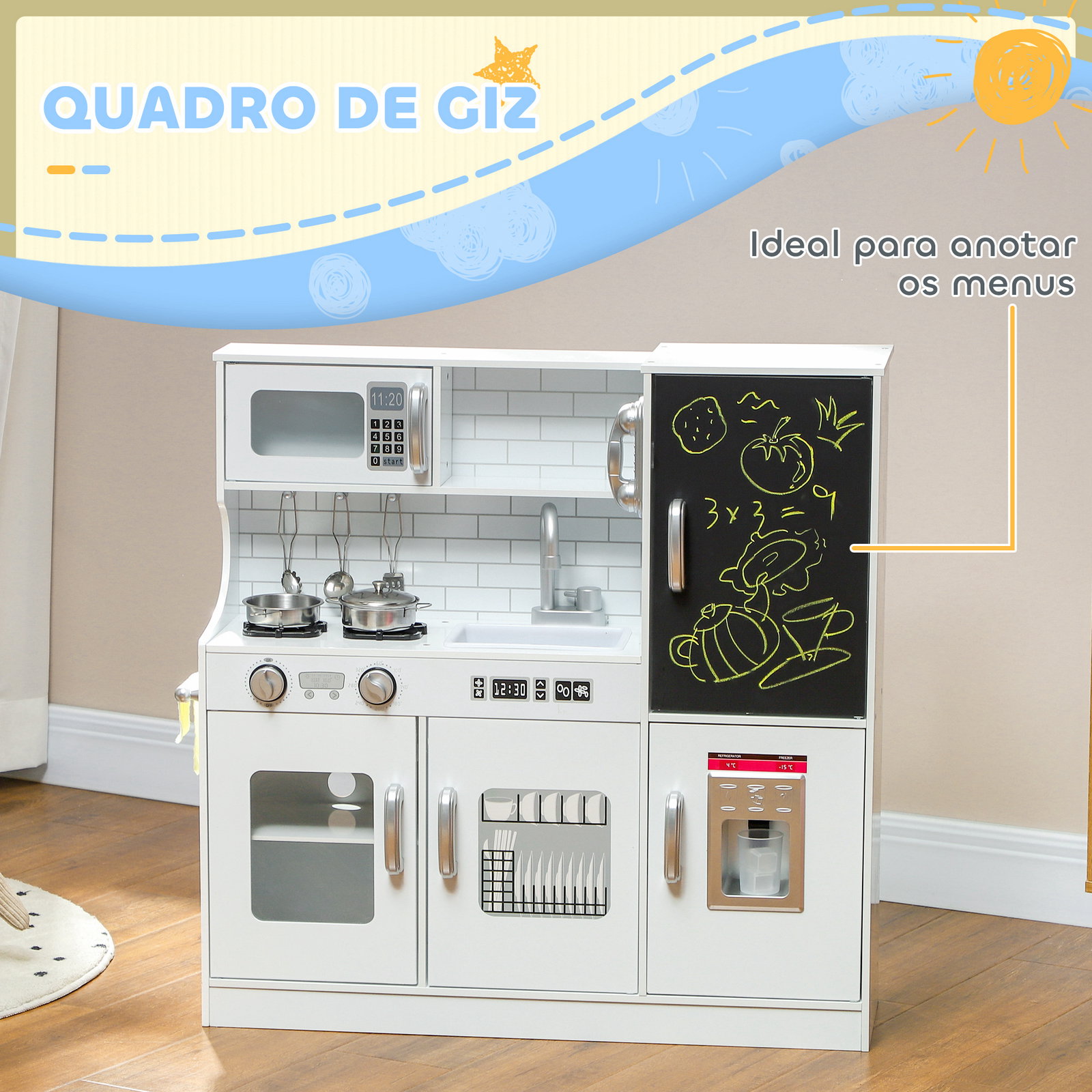 Cozinha de brincar para crianças cozinha infantil de madeira com acessórios máquina de gelo e ardósia 83,8x26,8x81 cm branco