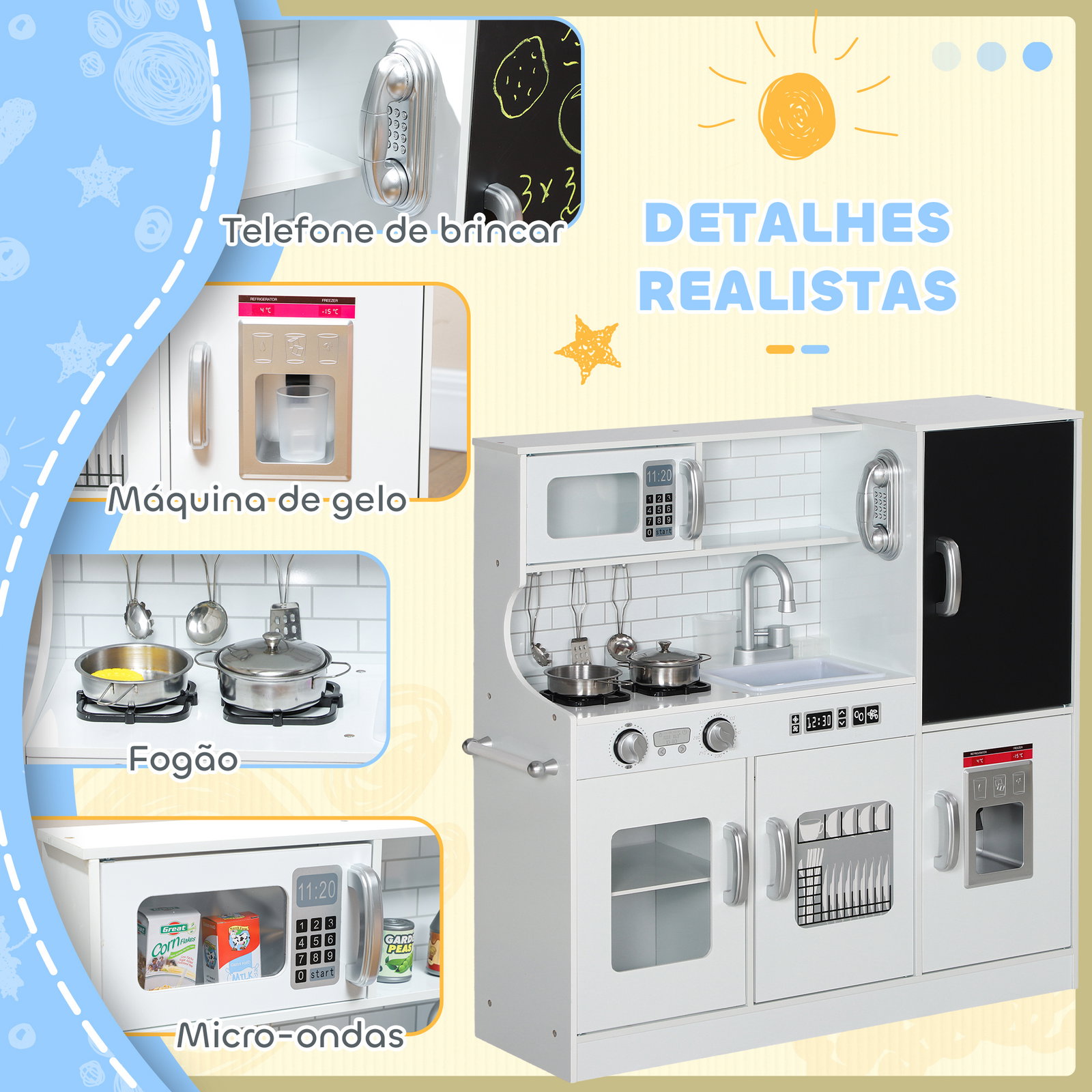 Cozinha de brincar para crianças cozinha infantil de madeira com acessórios máquina de gelo e ardósia 83,8x26,8x81 cm branco