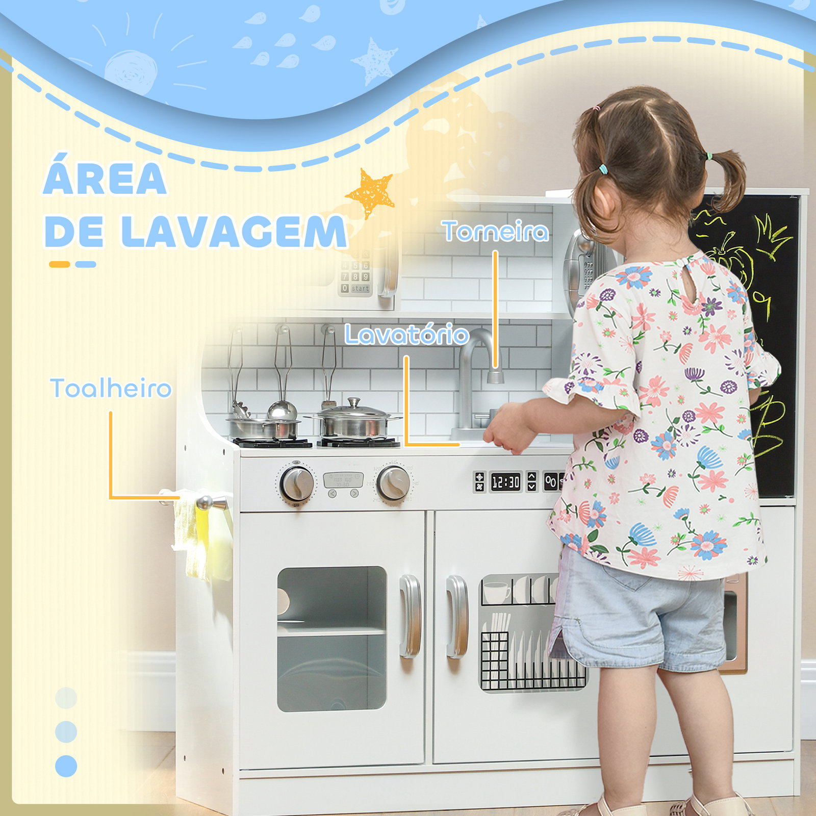 Cozinha de brincar para crianças cozinha infantil de madeira com acessórios máquina de gelo e ardósia 83,8x26,8x81 cm branco