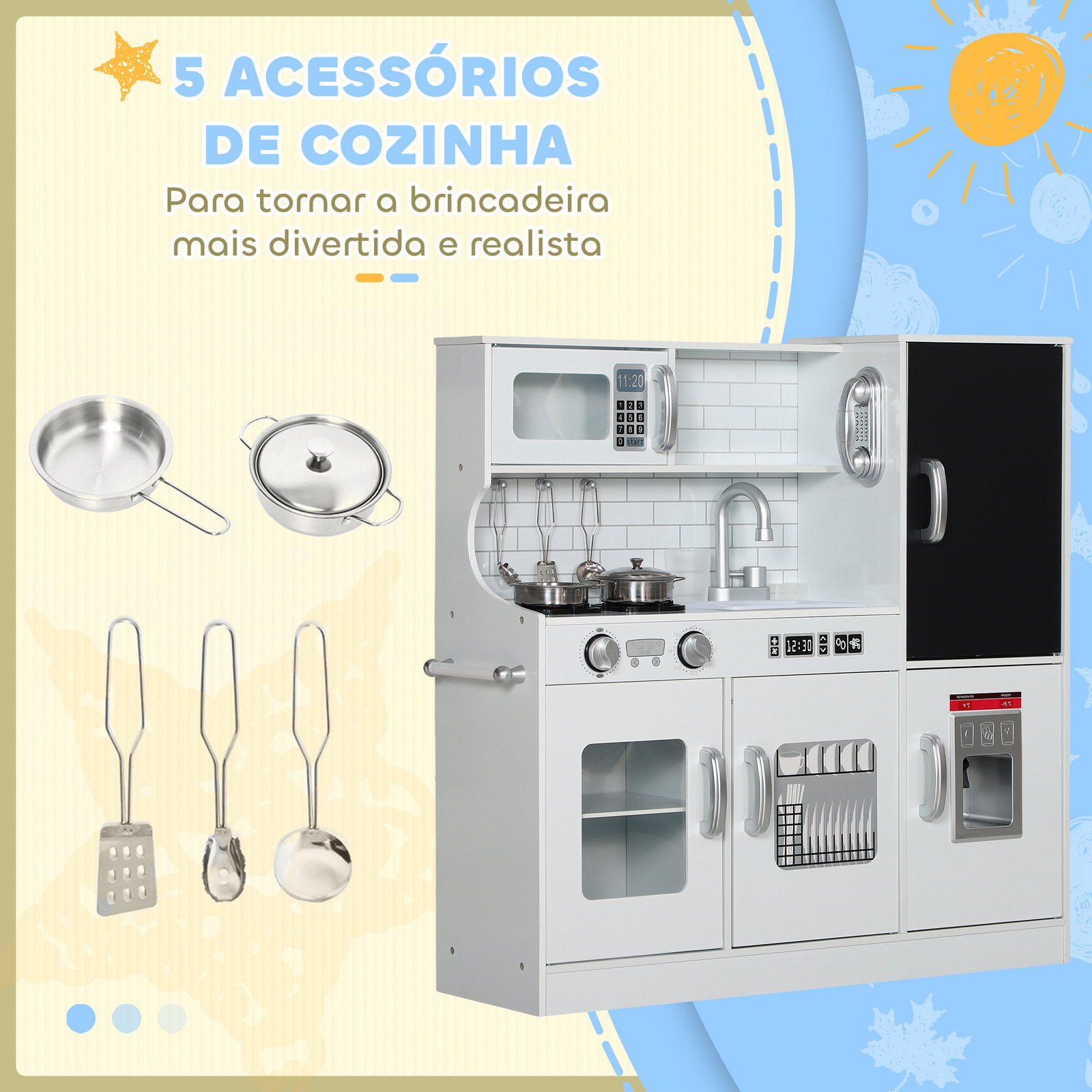 Cozinha de brincar para crianças cozinha infantil de madeira com acessórios máquina de gelo e ardósia 83,8x26,8x81 cm branco