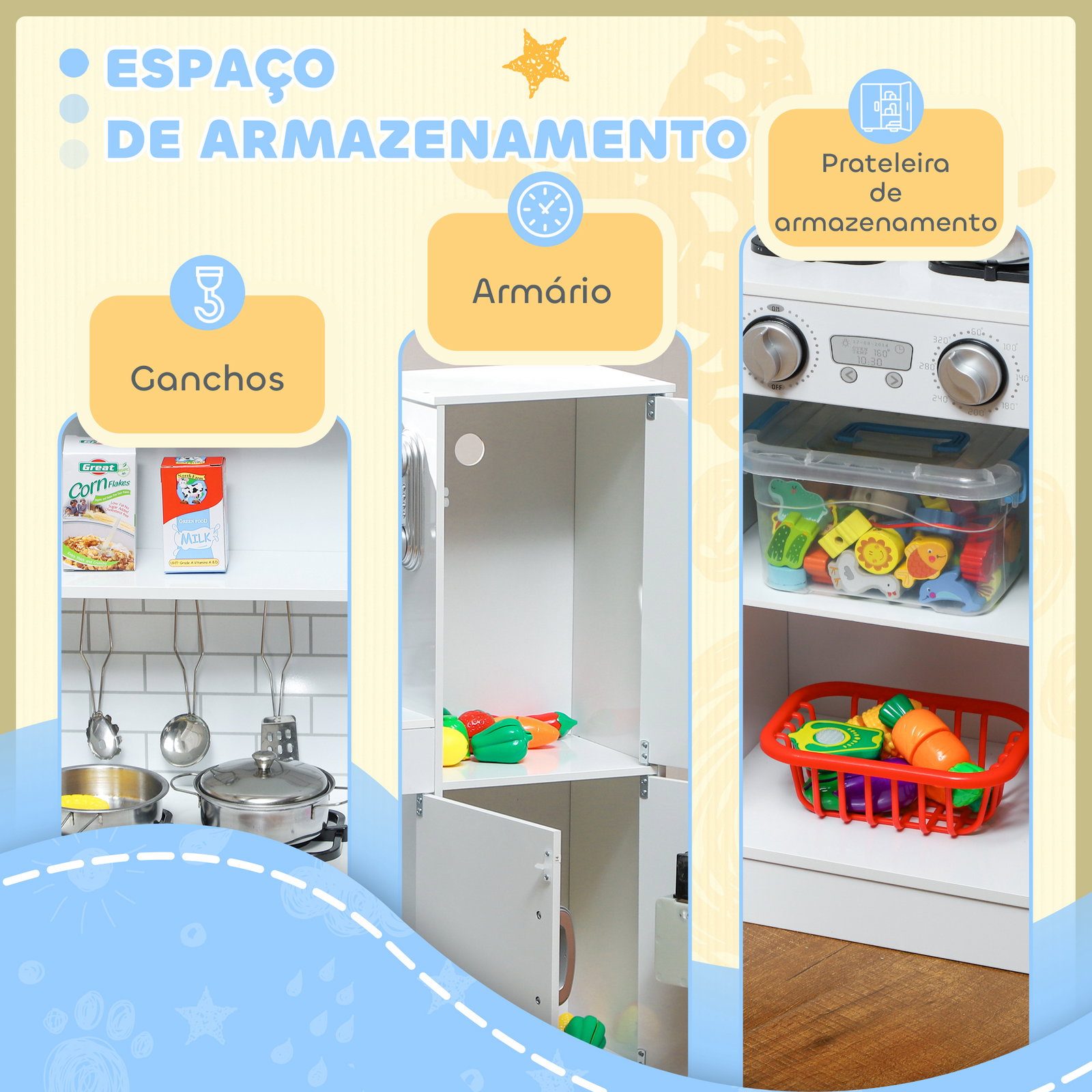 Cozinha de brincar para crianças cozinha infantil de madeira com acessórios máquina de gelo e ardósia 83,8x26,8x81 cm branco
