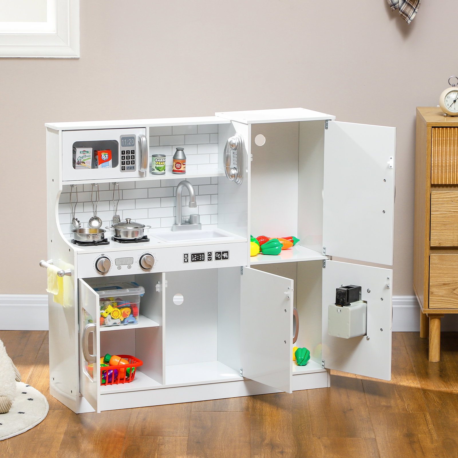 Cozinha de brincar para crianças cozinha infantil de madeira com acessórios máquina de gelo e ardósia 83,8x26,8x81 cm branco
