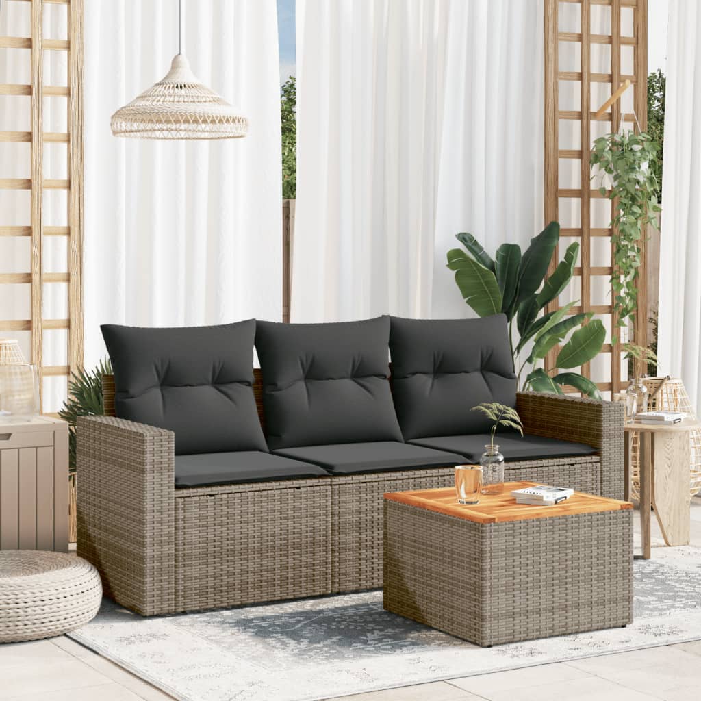 4 Pcs conjunto sofás de jardim c/ almofadões vime PE cinzento