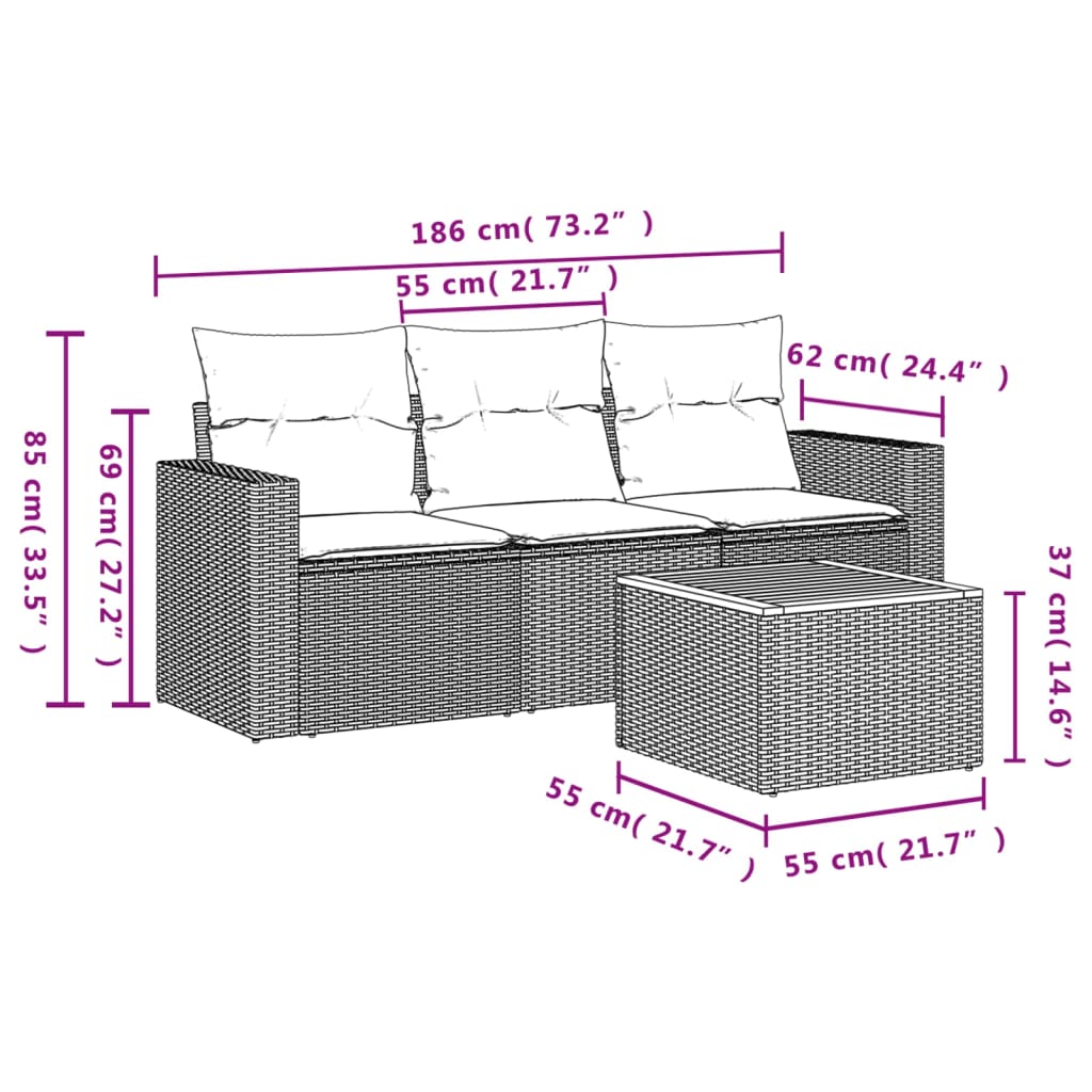 4 Pcs conjunto sofás de jardim c/ almofadões vime PE cinzento