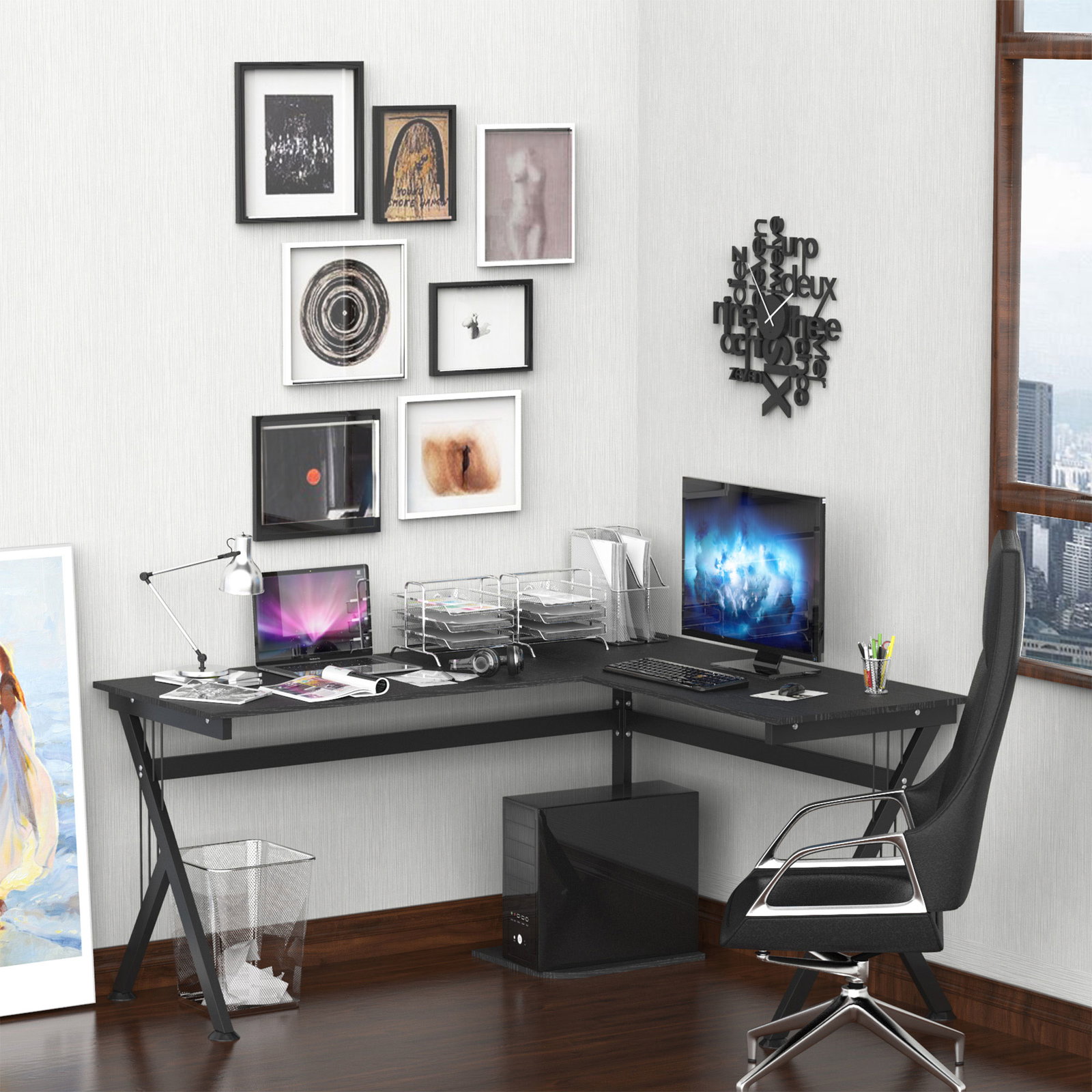 Secretária para PC computador secretária de canto angular para escritório 155x130x76cm madeira preta