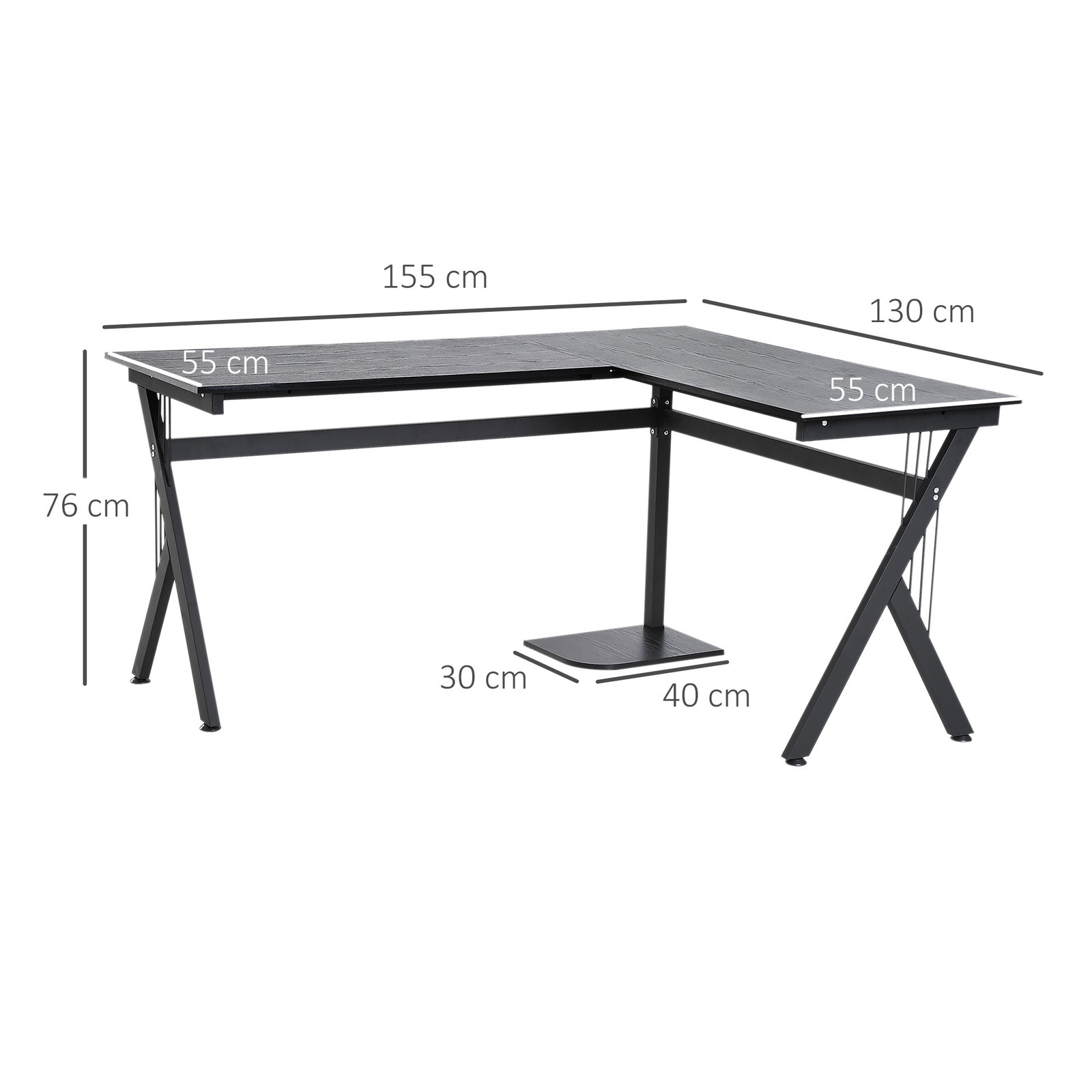 Secretária para PC computador secretária de canto angular para escritório 155x130x76cm madeira preta