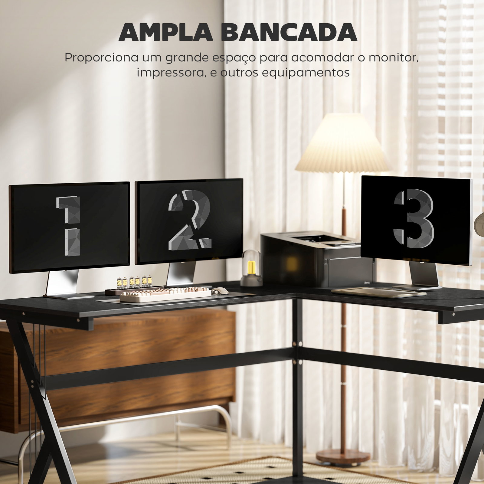 Secretária para PC computador secretária de canto angular para escritório 155x130x76cm madeira preta