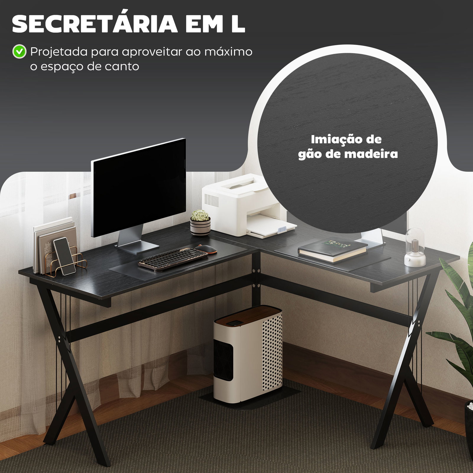 Secretária para PC computador secretária de canto angular para escritório 155x130x76cm madeira preta