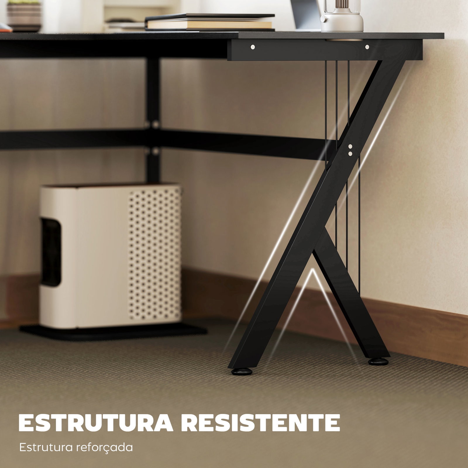 Secretária para PC computador secretária de canto angular para escritório 155x130x76cm madeira preta