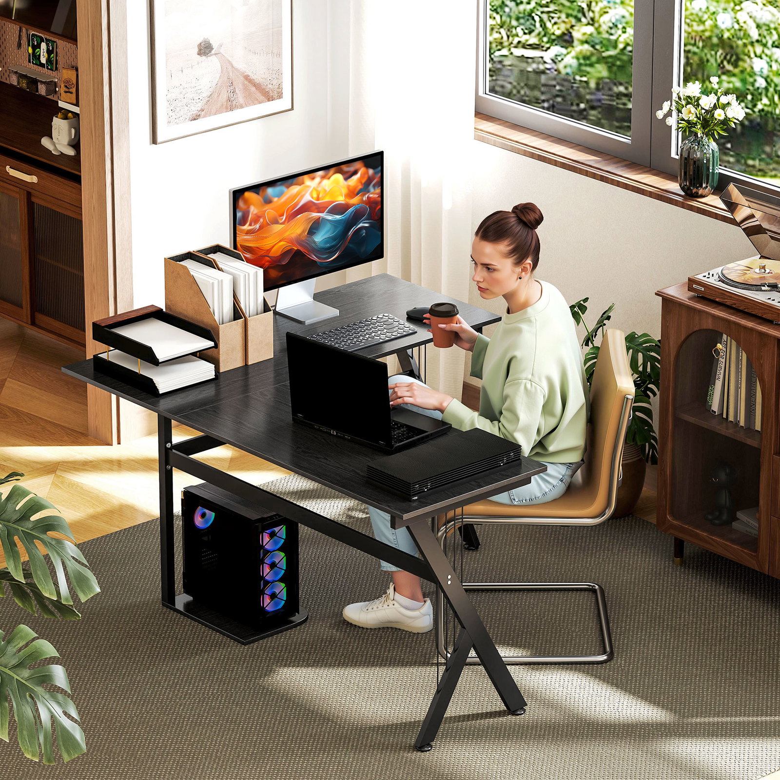 Secretária para PC computador secretária de canto angular para escritório 155x130x76cm madeira preta