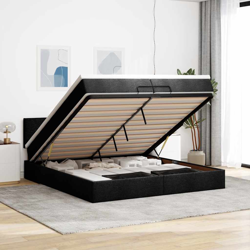 Estrutura de cama otomana com colchão 200x200 cm tecido preto