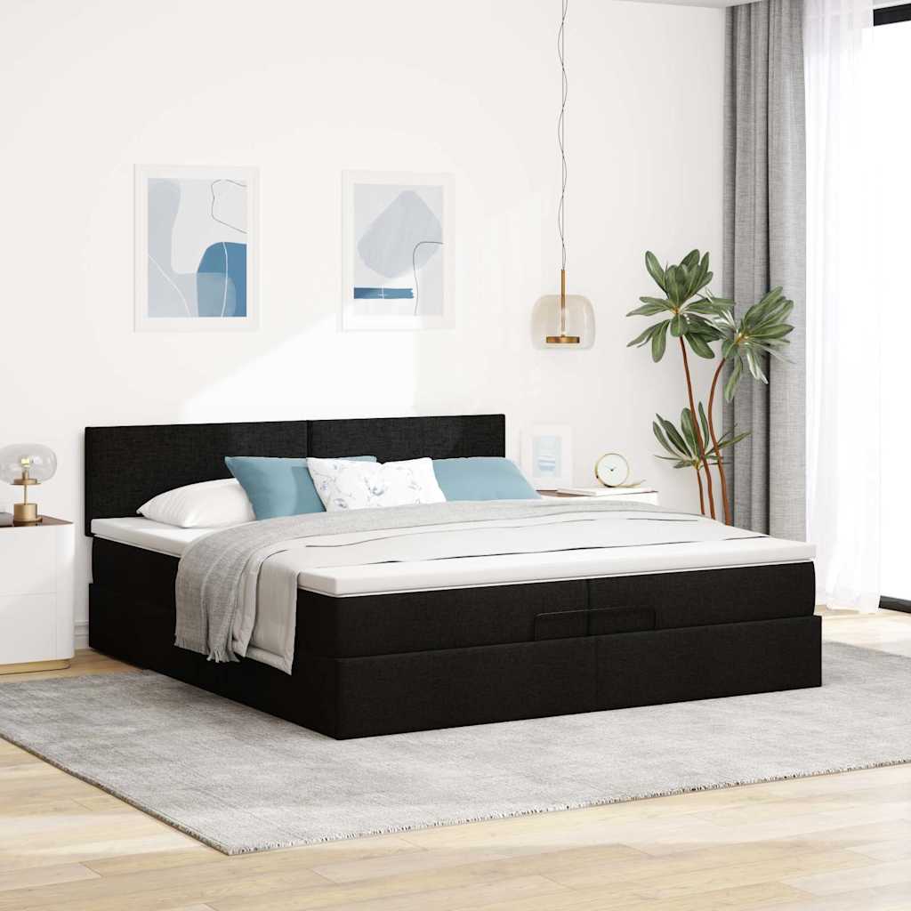Estrutura de cama otomana com colchão 200x200 cm tecido preto