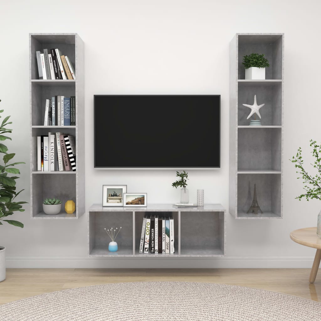 3 Pcs conjunto de móveis de TV contraplacado cinzento cimento