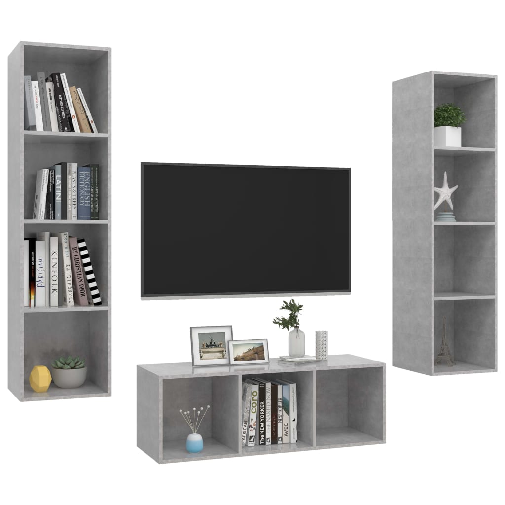 3 Pcs conjunto de móveis de TV contraplacado cinzento cimento