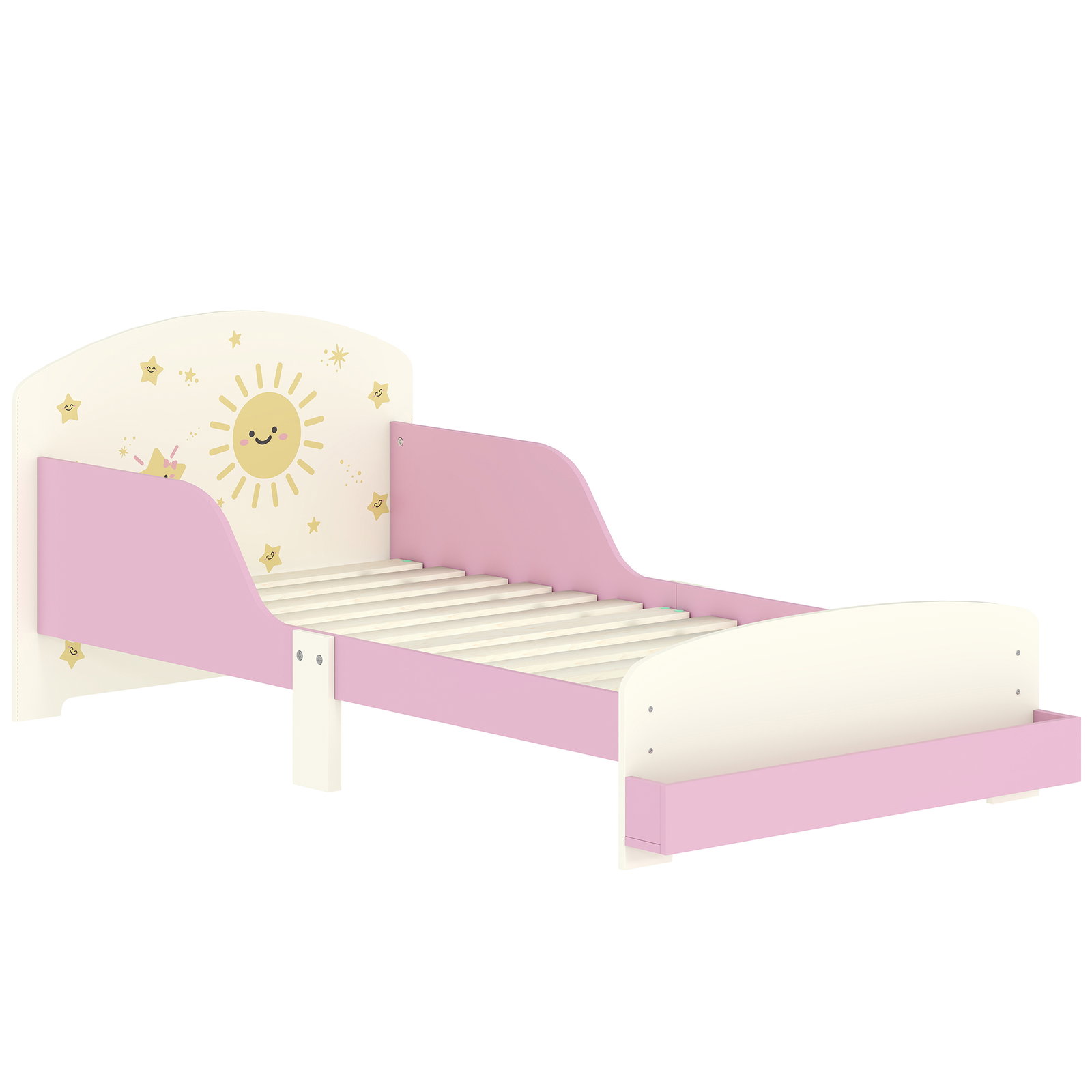 Cama infantil para crianças +3 anos 70x140 cm em madeira com armazenamento e desenhos de estrelas para dormitório rosa