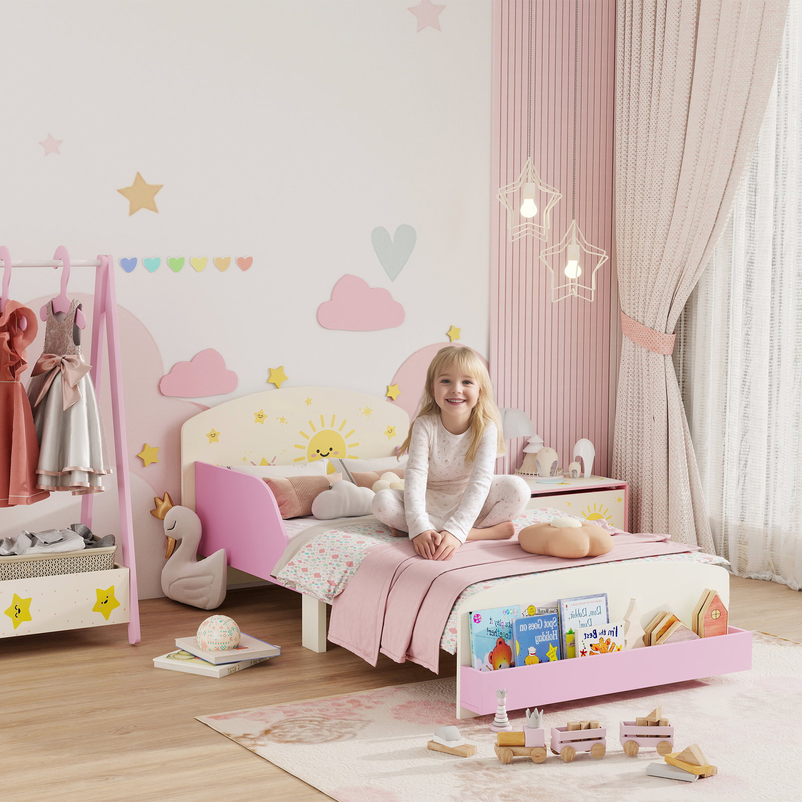 Cama infantil para crianças +3 anos 70x140 cm em madeira com armazenamento e desenhos de estrelas para dormitório rosa