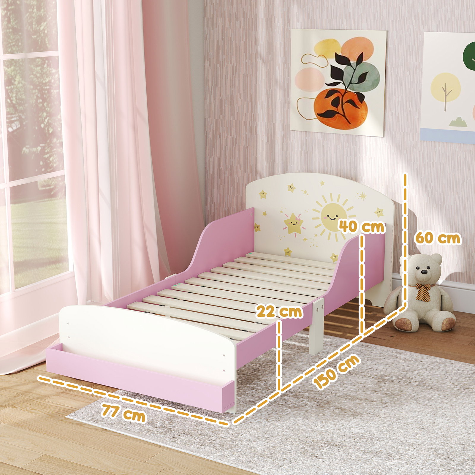 Cama infantil para crianças +3 anos 70x140 cm em madeira com armazenamento e desenhos de estrelas para dormitório rosa