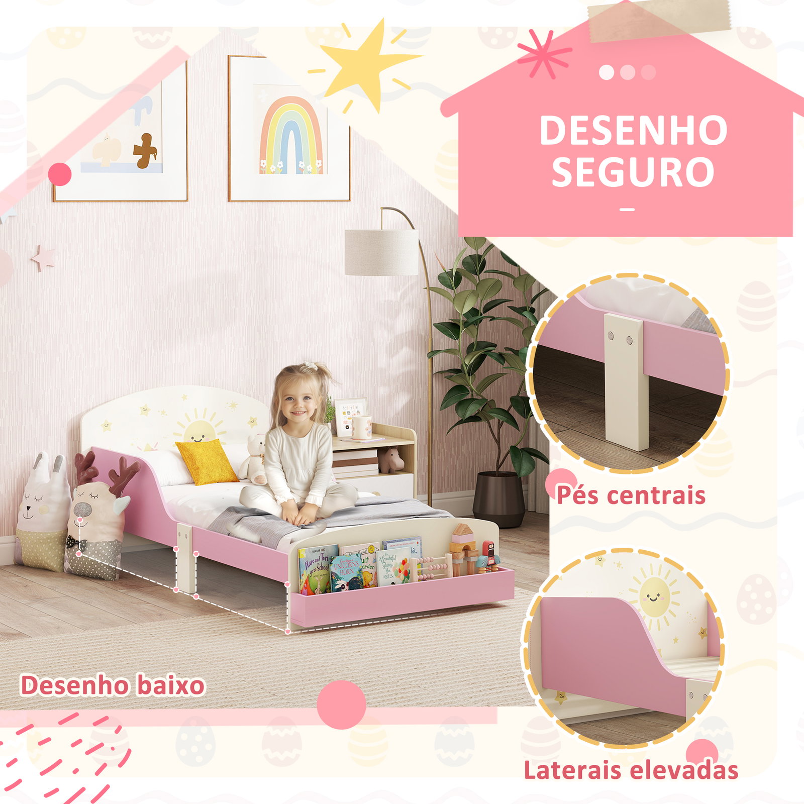 Cama infantil para crianças +3 anos 70x140 cm em madeira com armazenamento e desenhos de estrelas para dormitório rosa