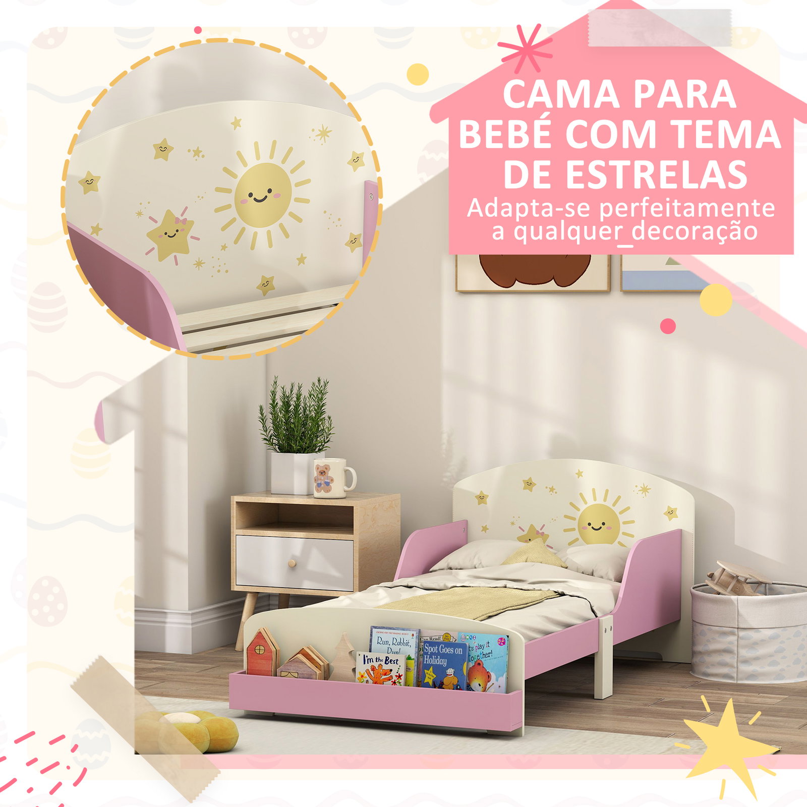 Cama infantil para crianças +3 anos 70x140 cm em madeira com armazenamento e desenhos de estrelas para dormitório rosa