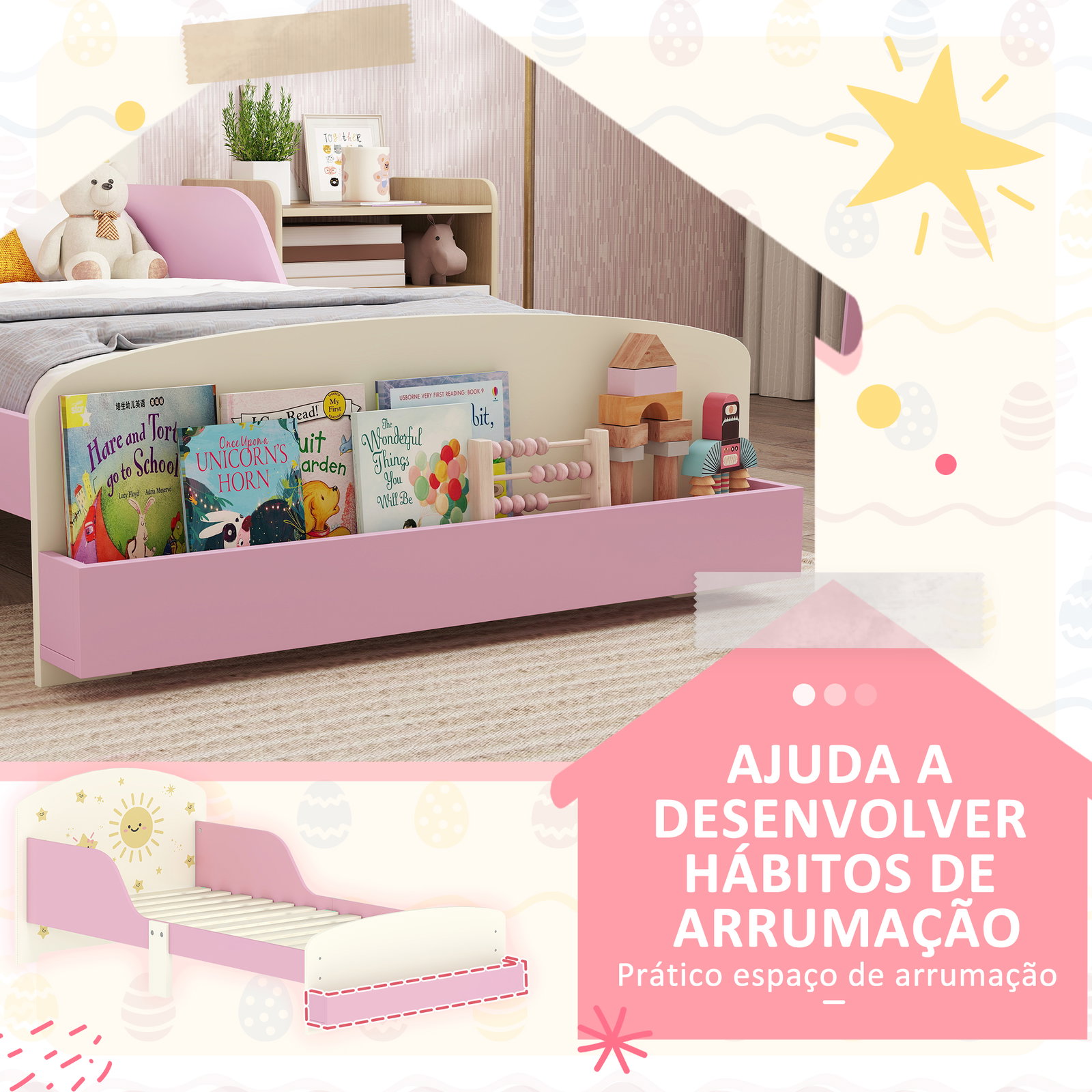 Cama infantil para crianças +3 anos 70x140 cm em madeira com armazenamento e desenhos de estrelas para dormitório rosa